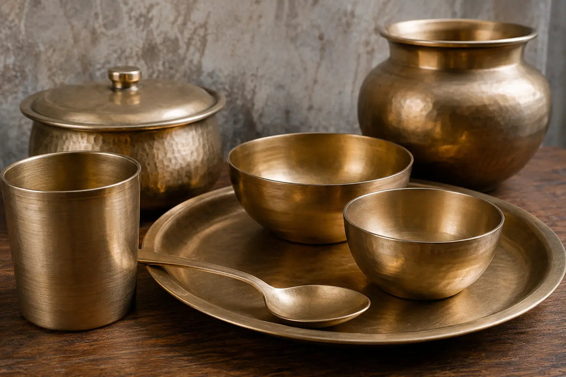 Handcrafted Bronze (Kansa) utensils including a traditional thali, bowls, glass, and serving spoon displayed on a wooden table.