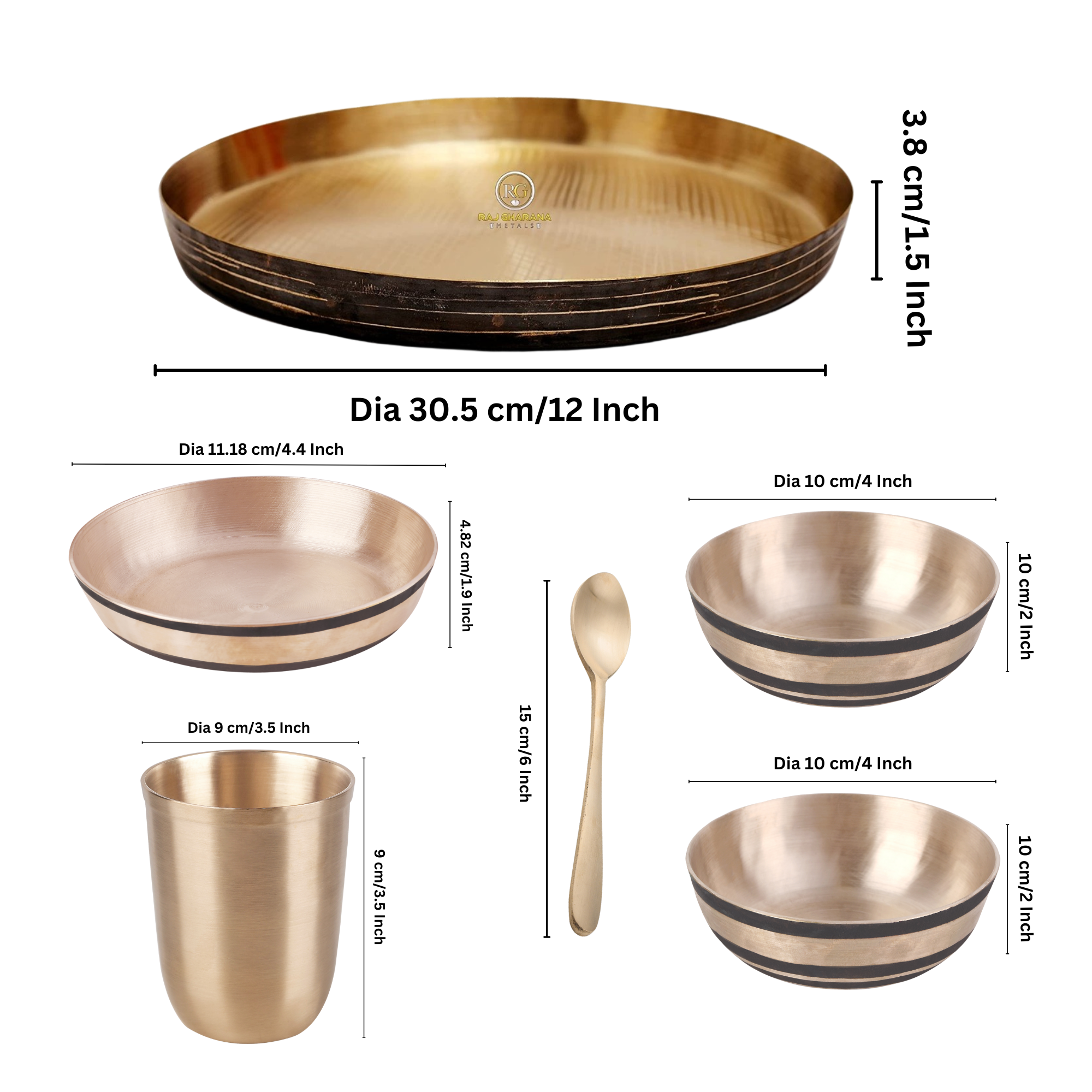 Kansa Dinner Set | 6 Pcs - 1 Platter 2 Bowl 1 Sweet Dish 1 Tumbler 1 Spoon