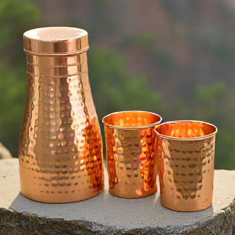 Copper Jar & 2 Glass Set with Inbuilt Glass