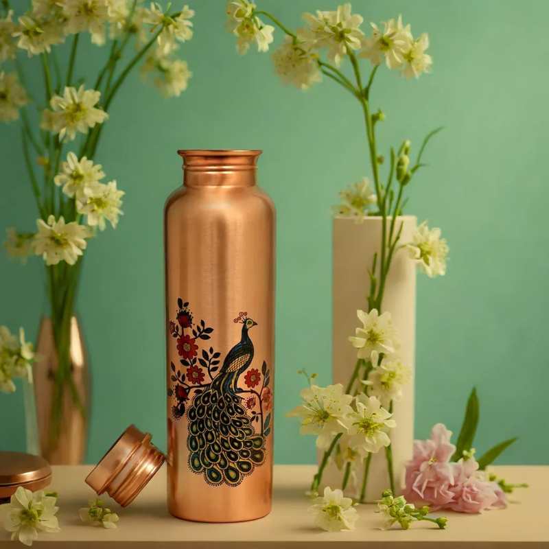 Copper Water Bottle - Peacock Printed