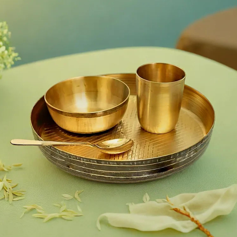 Kansa Baby Dinner Set | 4 Pcs - 1 Thali (Platter) Dai 7.5 inch, 1 Bowl (Katori), 1 Glass(Tumbler), 1 Spoon