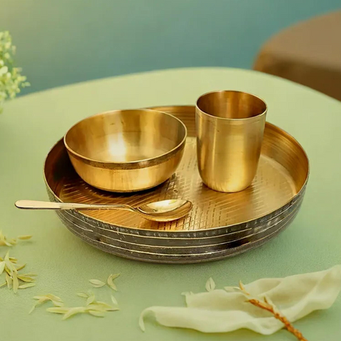 Kansa Baby Dinner Set | 4 Pcs - 1 Thali (Platter) Dai 7.5 inch, 1 Bowl (Katori), 1 Glass(Tumbler), 1 Spoon