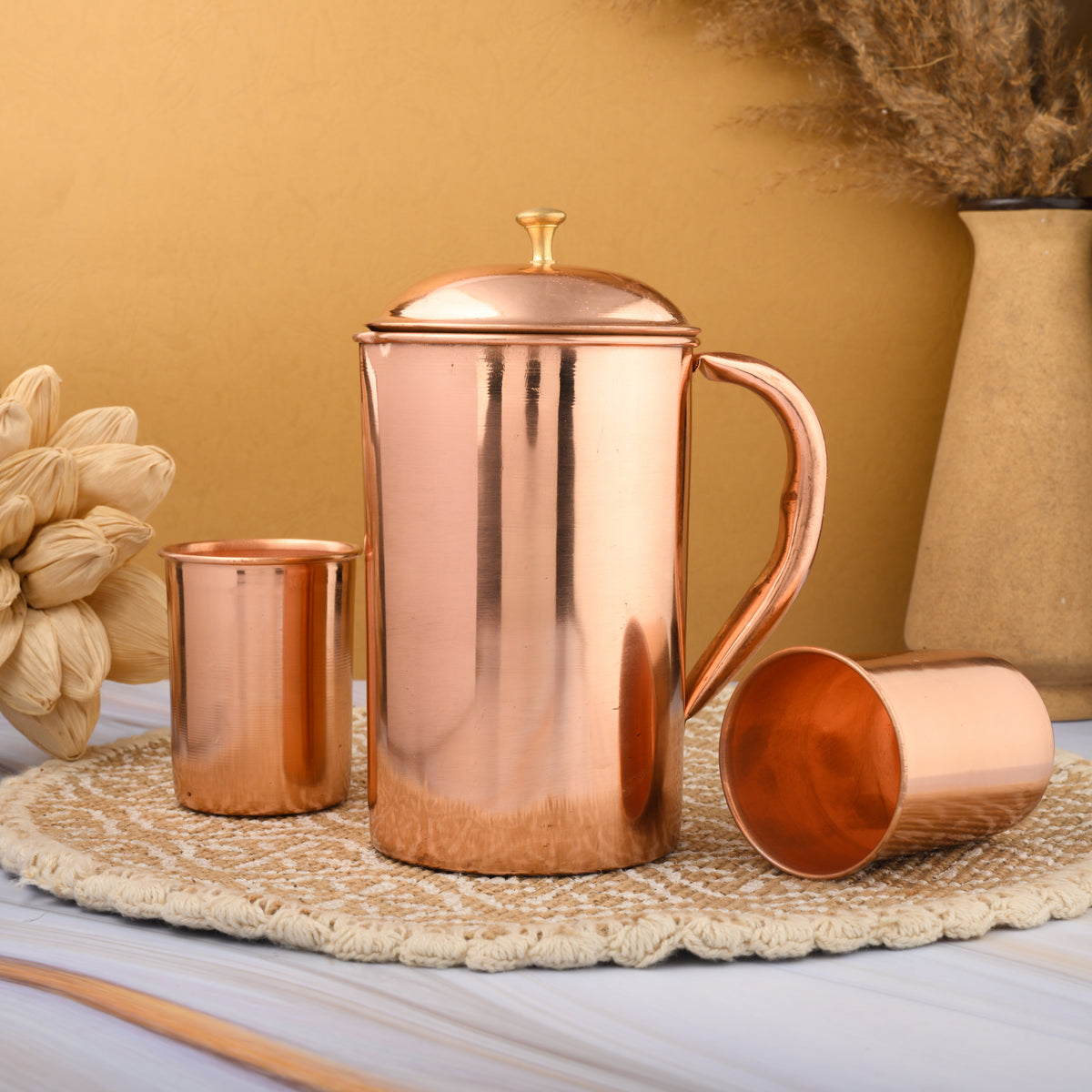 Copper Jar & 2 Glass Set – Glossy Design