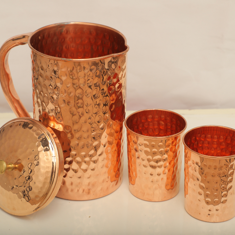 Copper Jar & 2 Glass Set – Hammered Finished