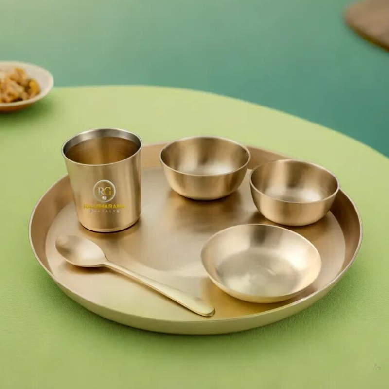 Kansa Dinner Set - Matte Finished | 6 Pcs - 1 Thali (Platter) Dai 12 inch, 2 Bowl (Katori), 1 Sweet Dish, 1 Glass(Tumbler), 1 Spoon