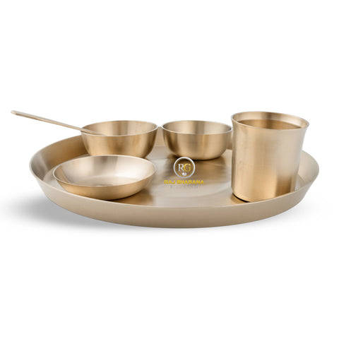 Kansa Dinner Set - Matte Finished | 6 Pcs - 1 Thali (Platter) Dai 12 inch, 2 Bowl (Katori), 1 Sweet Dish, 1 Glass(Tumbler), 1 Spoon