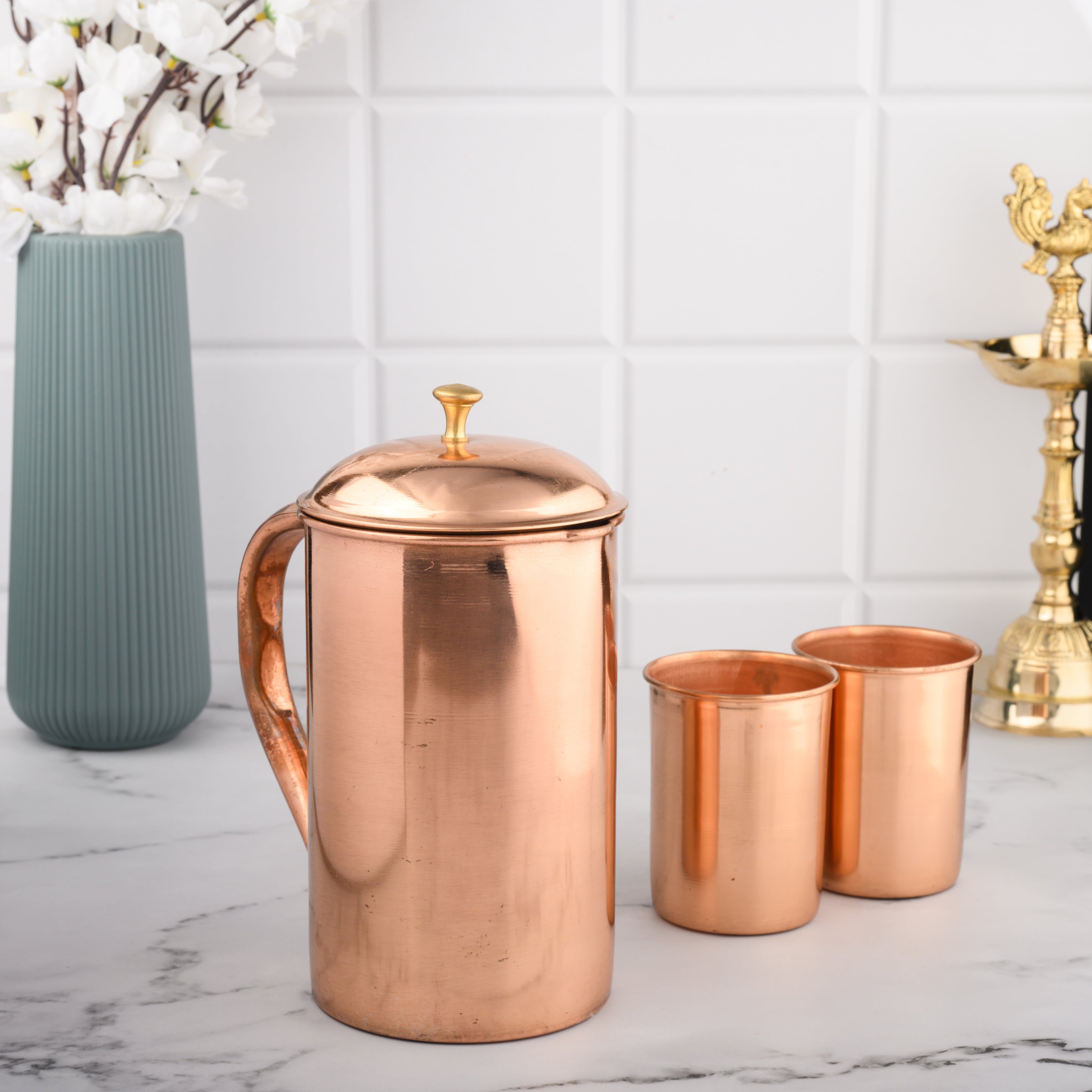 Copper Jar with 2 Glass Set – Pure Copper Jug (1L) | Glossy Finish