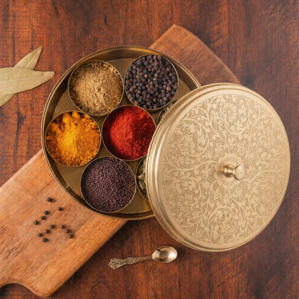 Brass Spice Box Set - Floral Etching