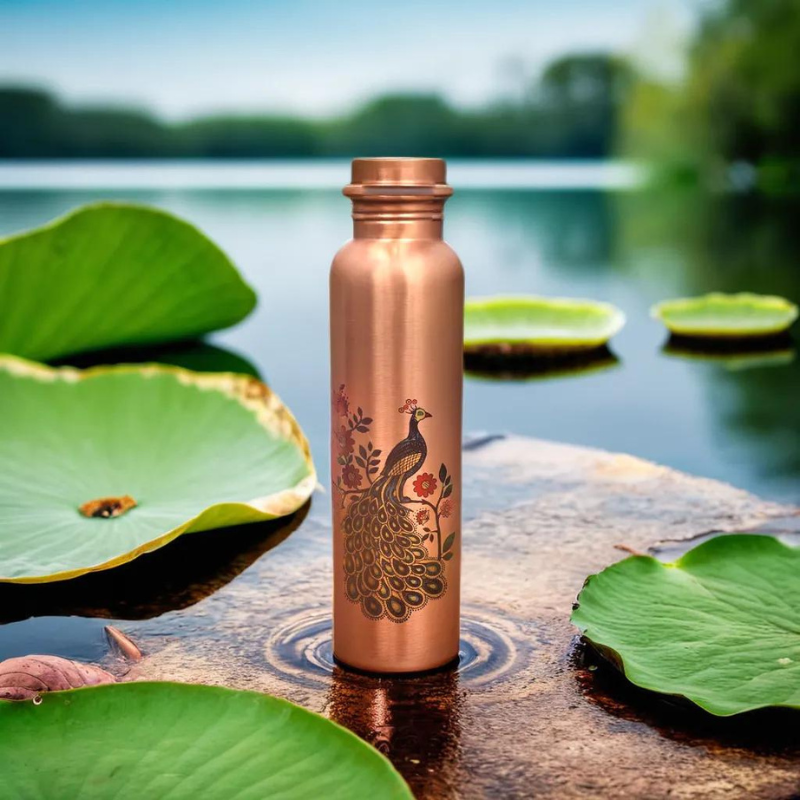 Copper Water Bottle - Peacock Printed