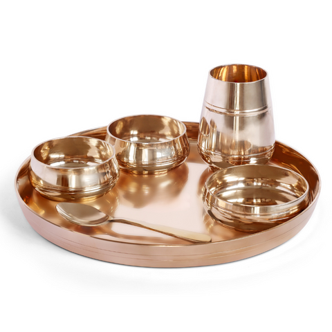 Kansa Handi Dinner Set | 6 Pcs - 1 Platter Dai 12 inch, 2 Bowl (Katori), 1 Sweet Dish, 1 Glass(Tumbler), 1 Spoon