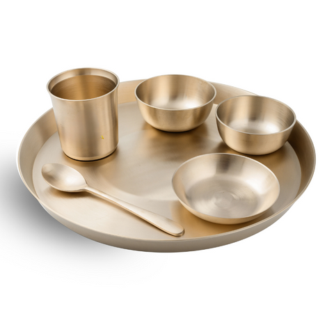 Kansa Dinner Set - Matte Finished | 6 Pcs - 1 Thali (Platter) Dai 12 inch, 2 Bowl (Katori), 1 Sweet Dish, 1 Glass(Tumbler), 1 Spoon