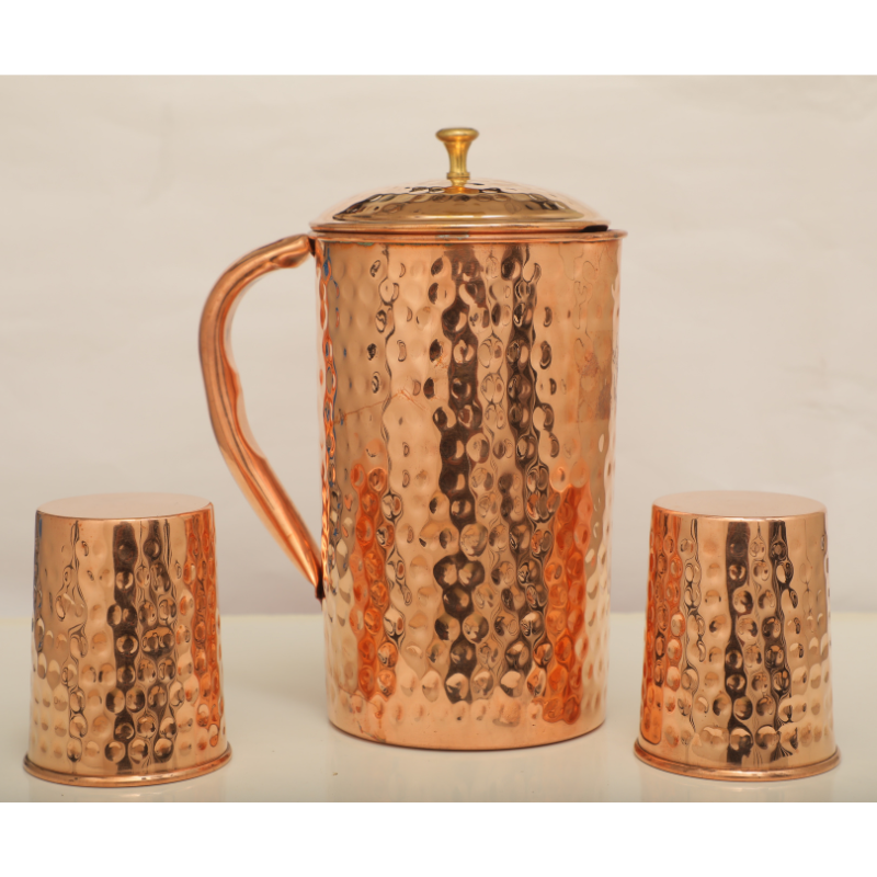 Copper Jar & 2 Glass Set – Hammered Finished