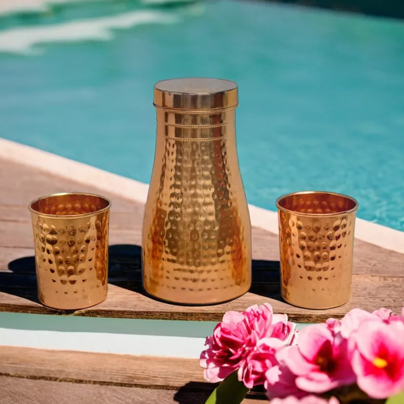 Copper Jar & 2 Glass Set with Inbuilt Glass