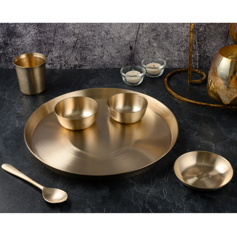 Kansa Dinner Set - Matte Finished | 6 Pcs - 1 Thali (Platter) Dai 12 inch, 2 Bowl (Katori), 1 Sweet Dish, 1 Glass(Tumbler), 1 Spoon