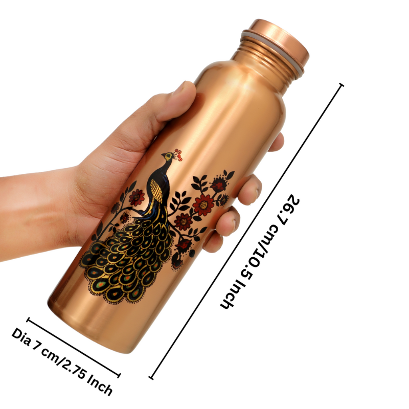 Copper Water Bottle - Peacock Printed