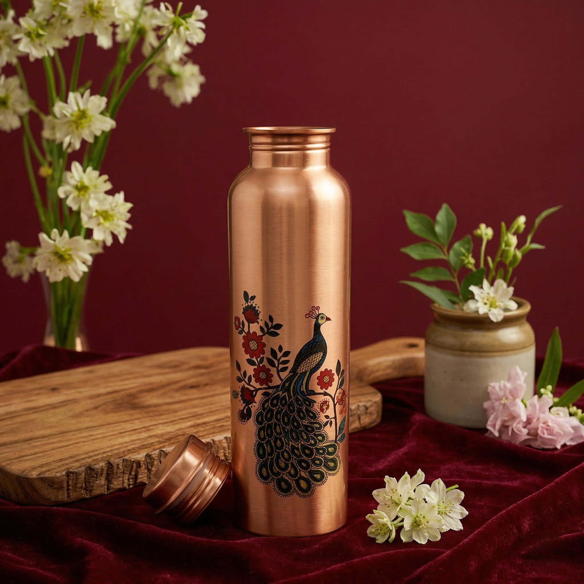 Copper Water Bottle - Peacock Printed
