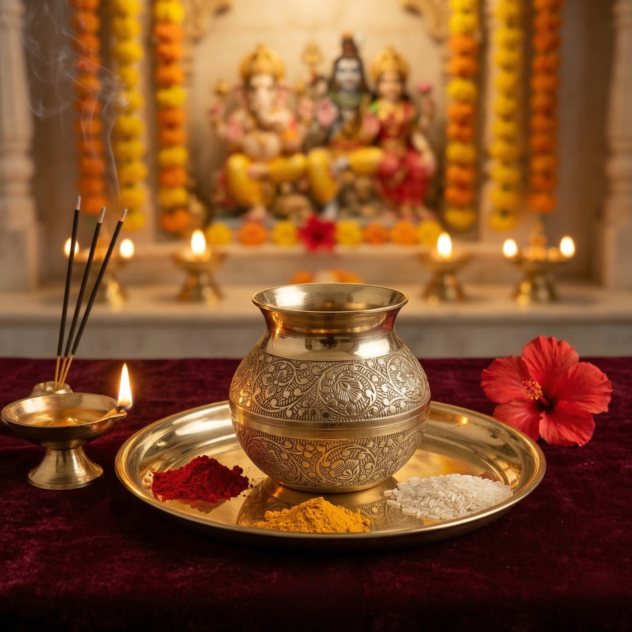 Brass Pooja Kalash/Lota - Floral Nakashi