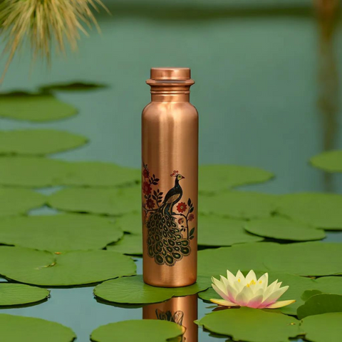 Copper Water Bottle - Peacock Printed