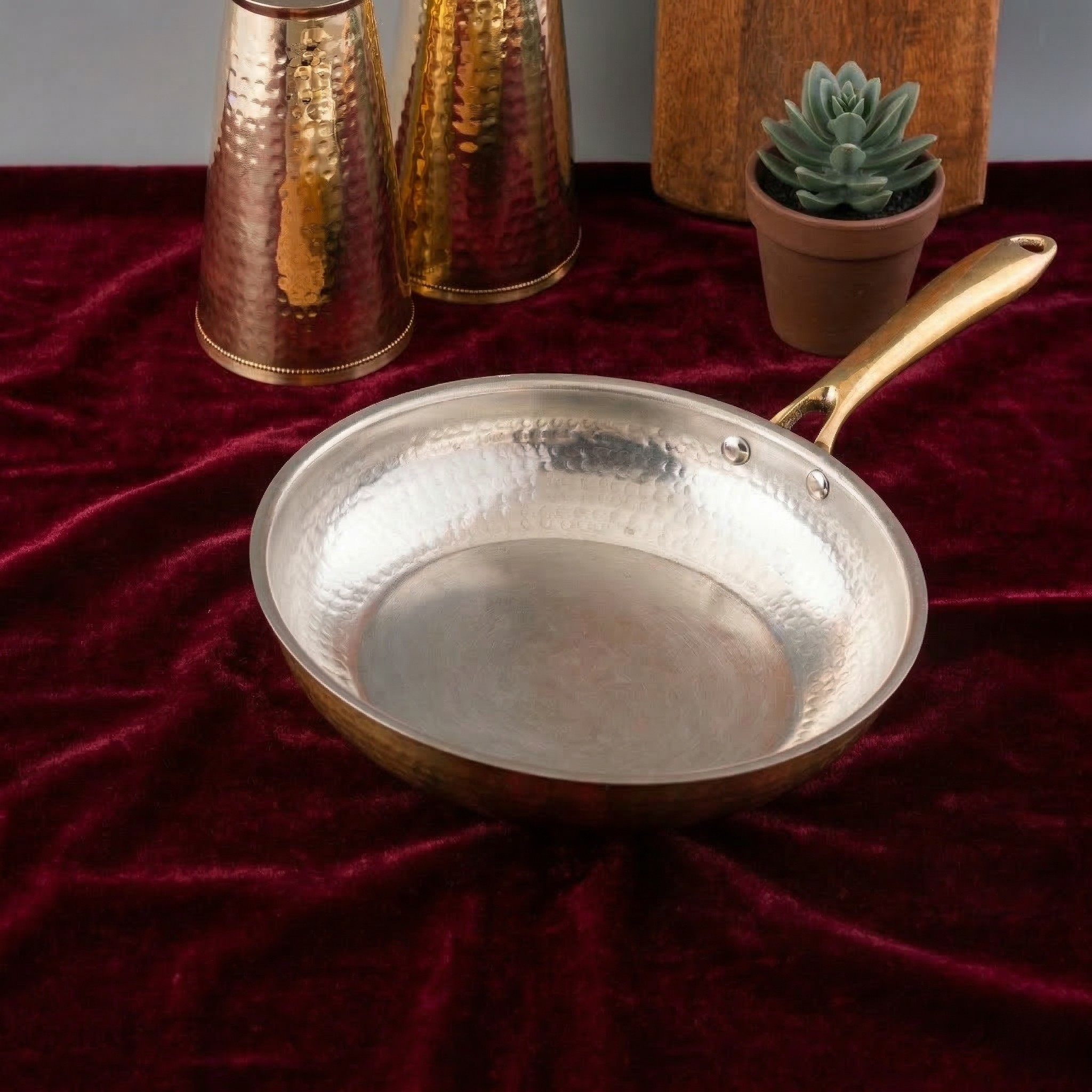 Brass Frying Pan with Ergonomic Handle - Hammered