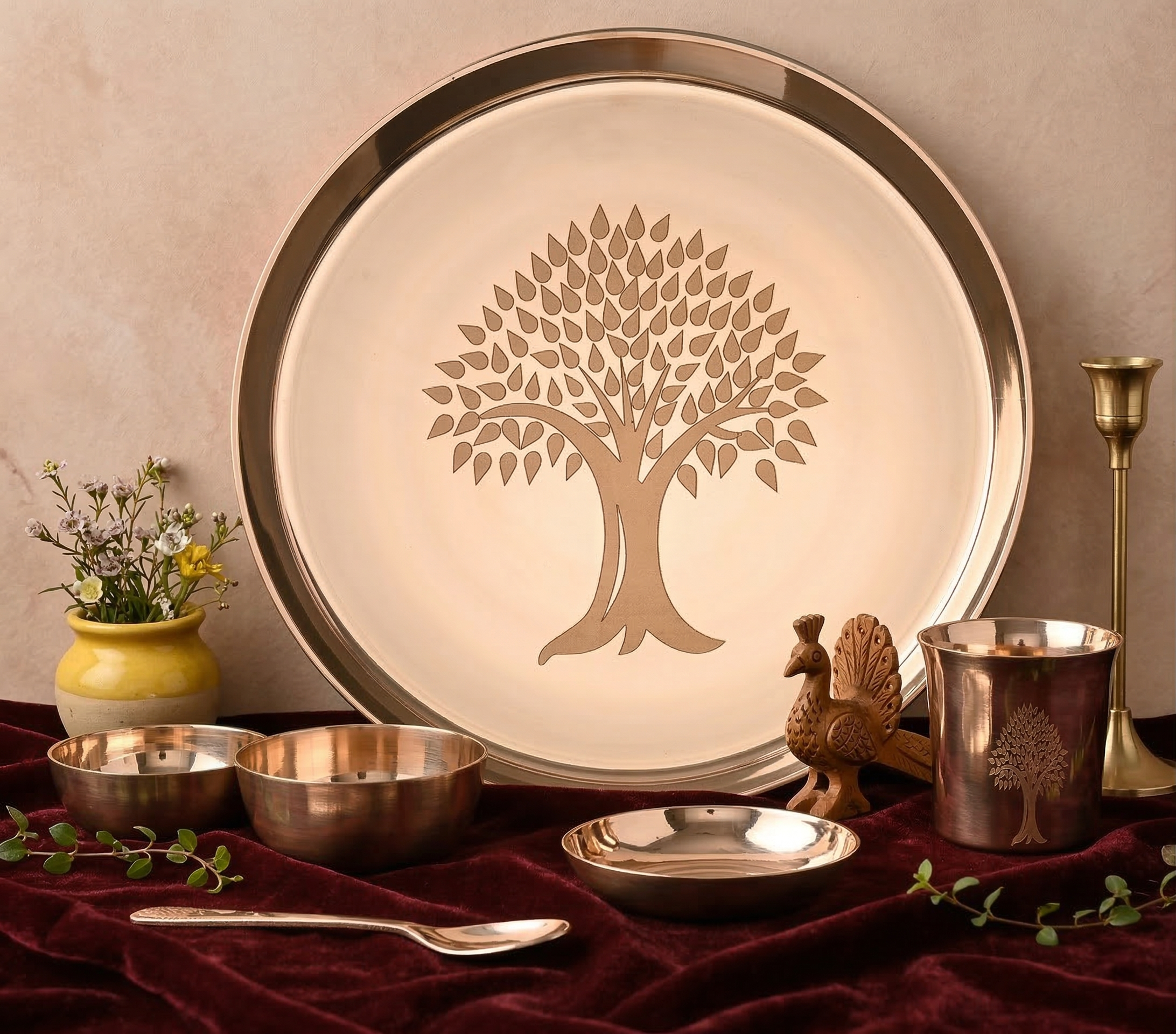 Kansa Dinner Set | 6 Pcs Tree Design Glossy Finished – 1 Platter Dai 12 Inch, 2 Bowl (Katori), 1 Sweet Dish, 1 Glass(Tumbler), 1 Spoon