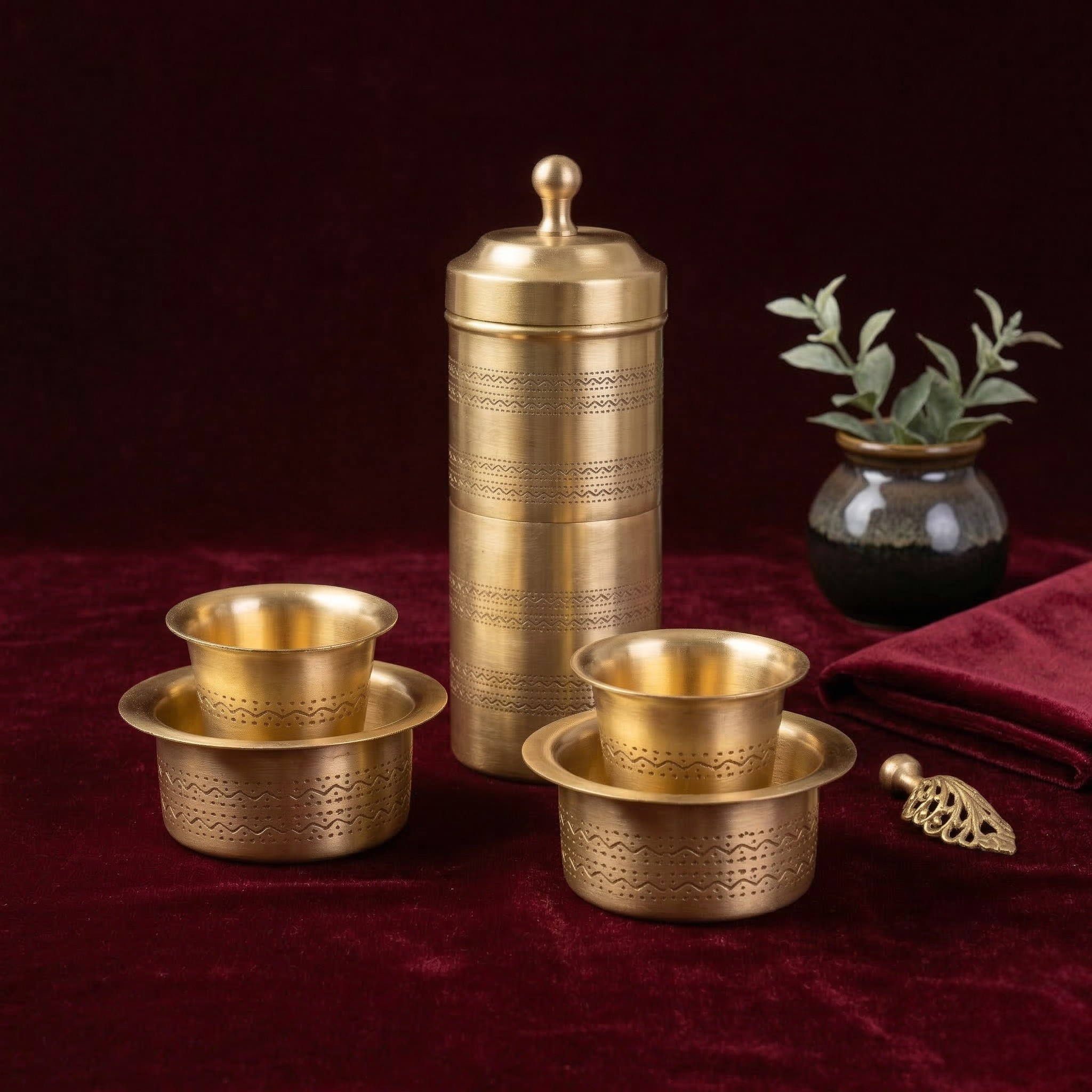 Brass Filter Coffee Maker & Brass Coffee Cup Set