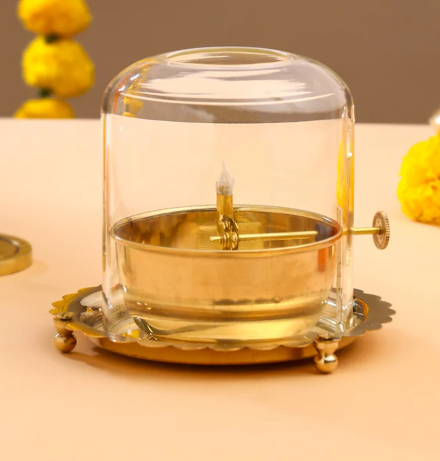 Brass Akhand Jyot Diya with Glass Cover