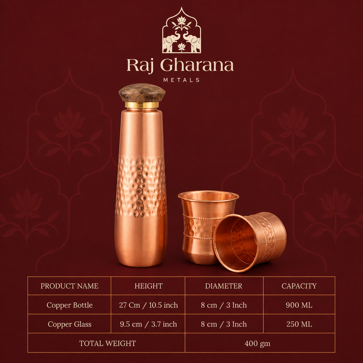 Copper Water Bottle & Glass Set