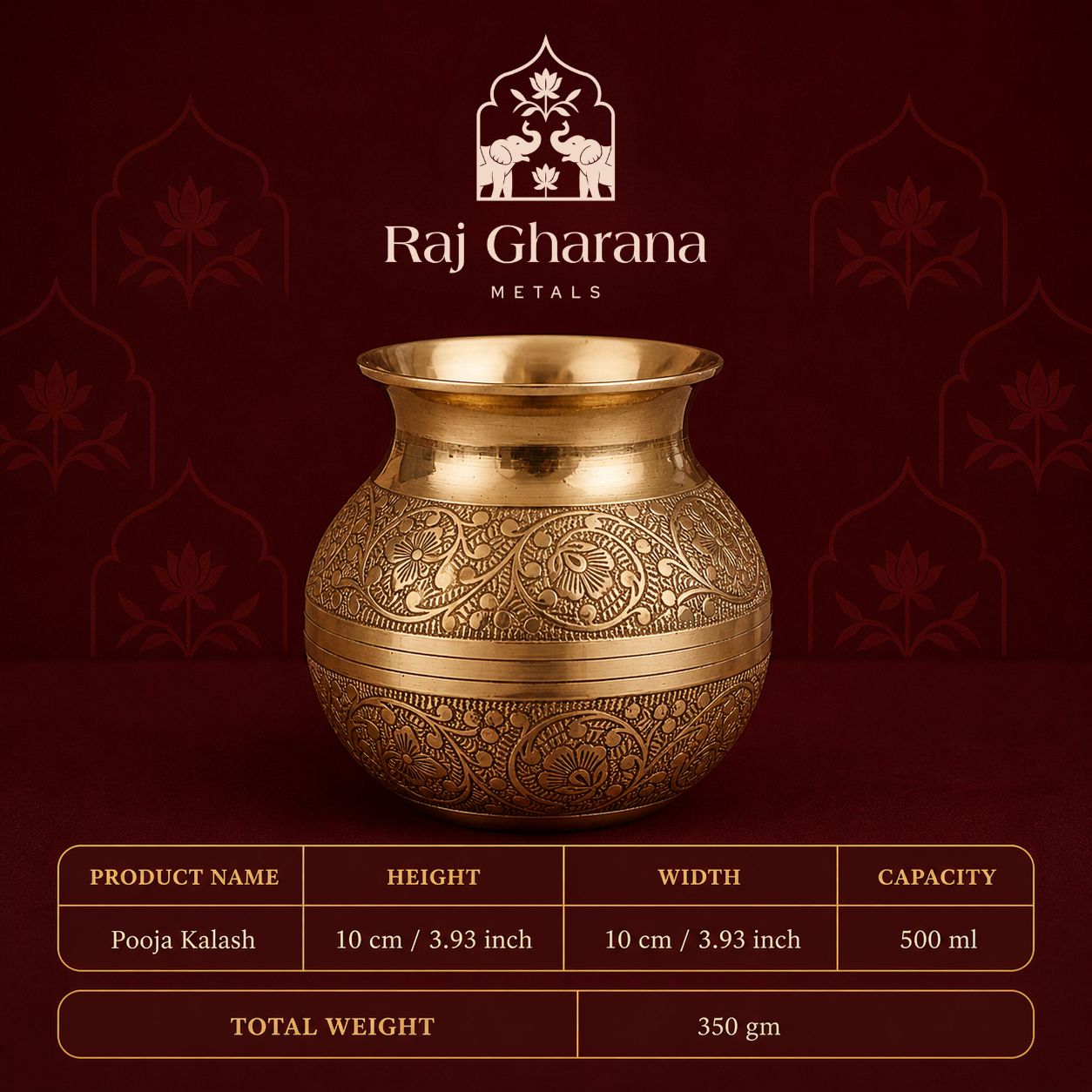 Brass Pooja Kalash/Lota - Floral Nakashi
