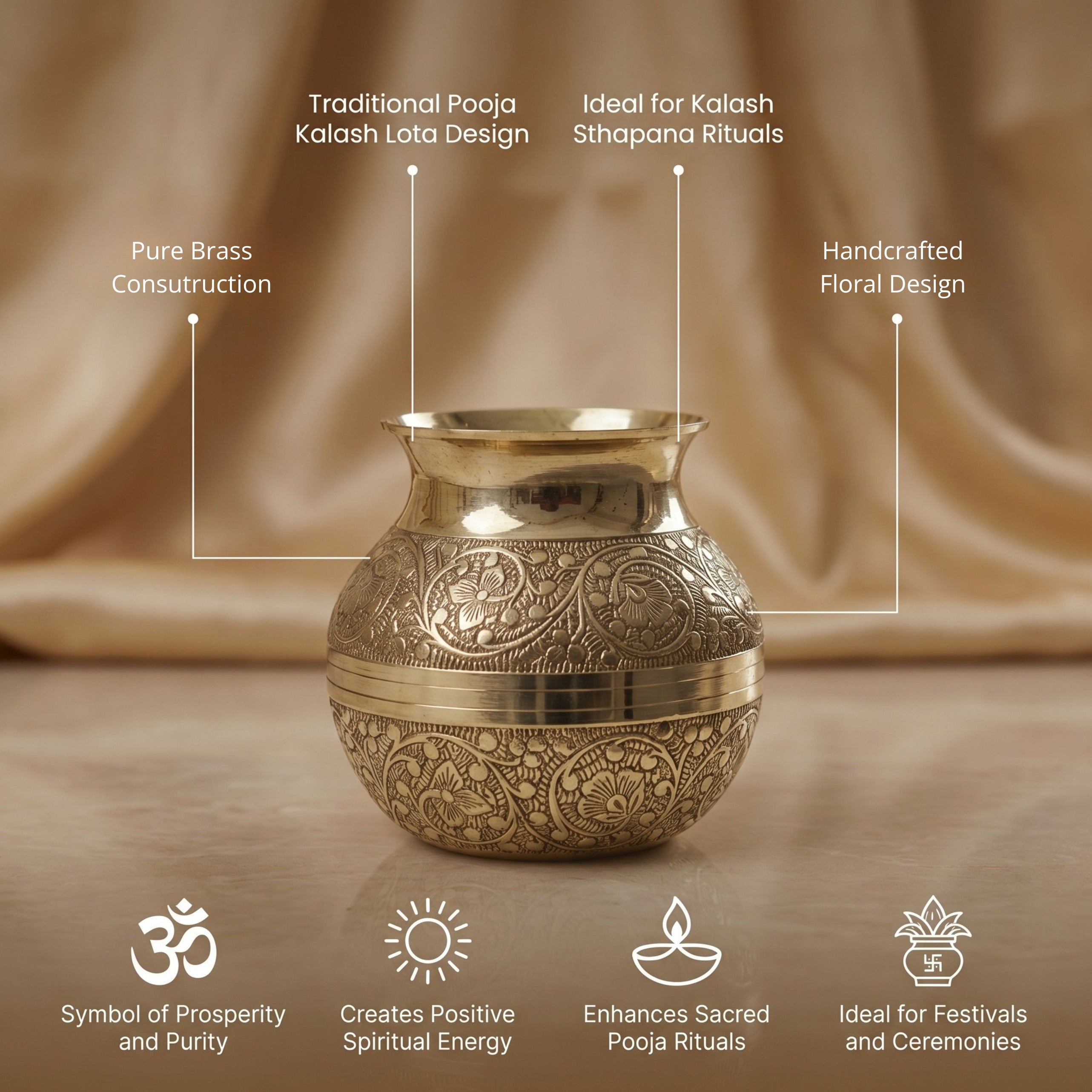 Brass Pooja Kalash/Lota - Floral Nakashi