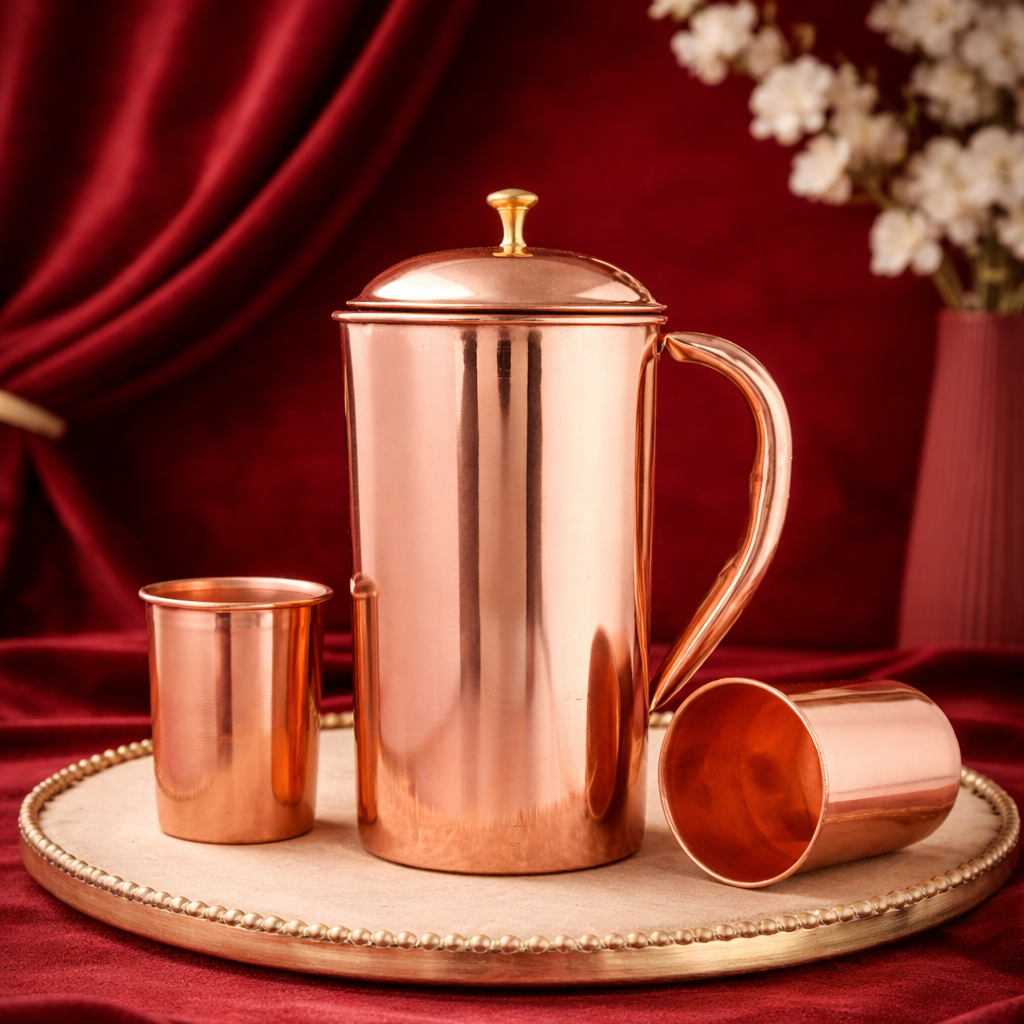 Copper Jar with 2 Glass Set – Pure Copper Jug (1L) | Glossy Finish