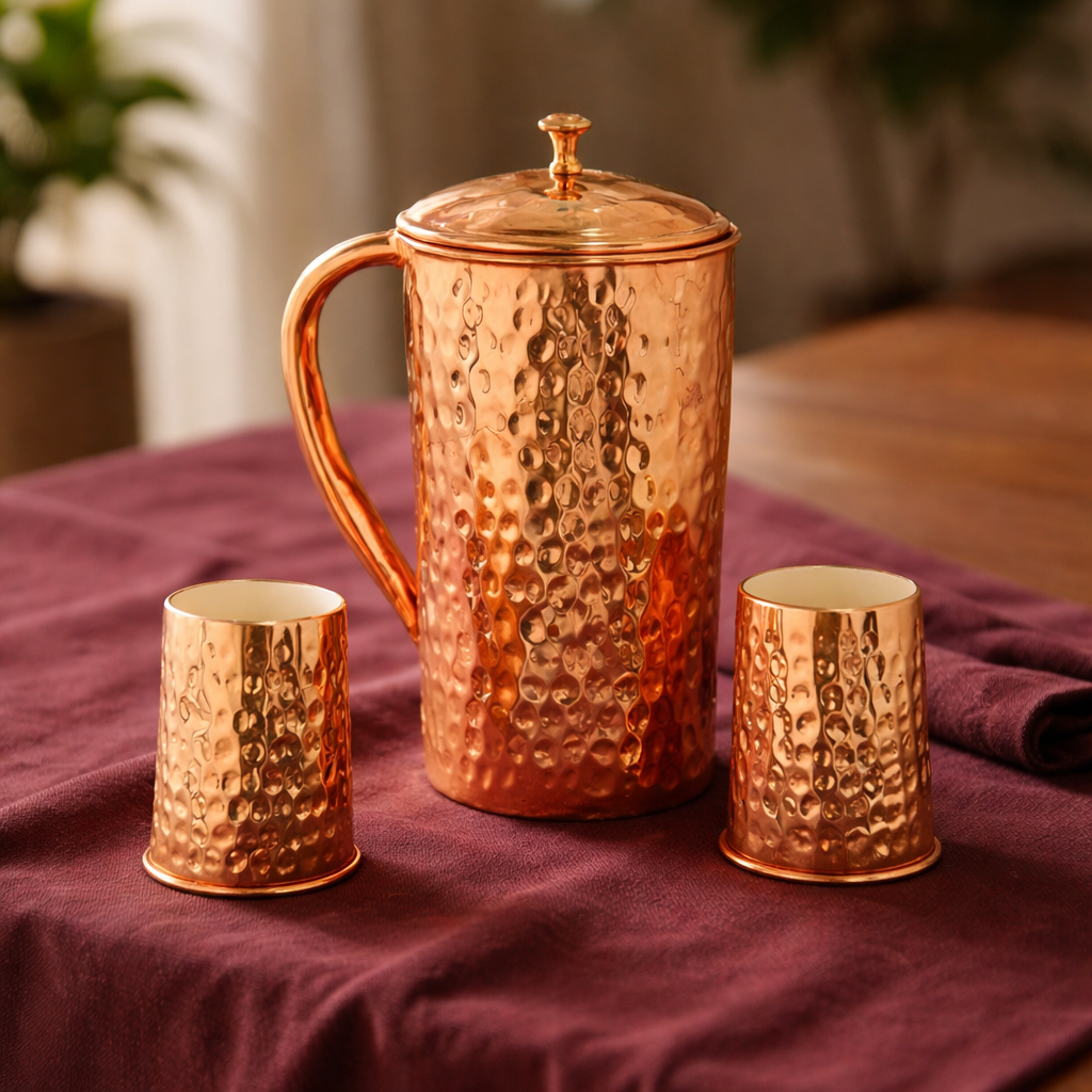 Copper Jar & 2 Glass Set – Hammered Finished