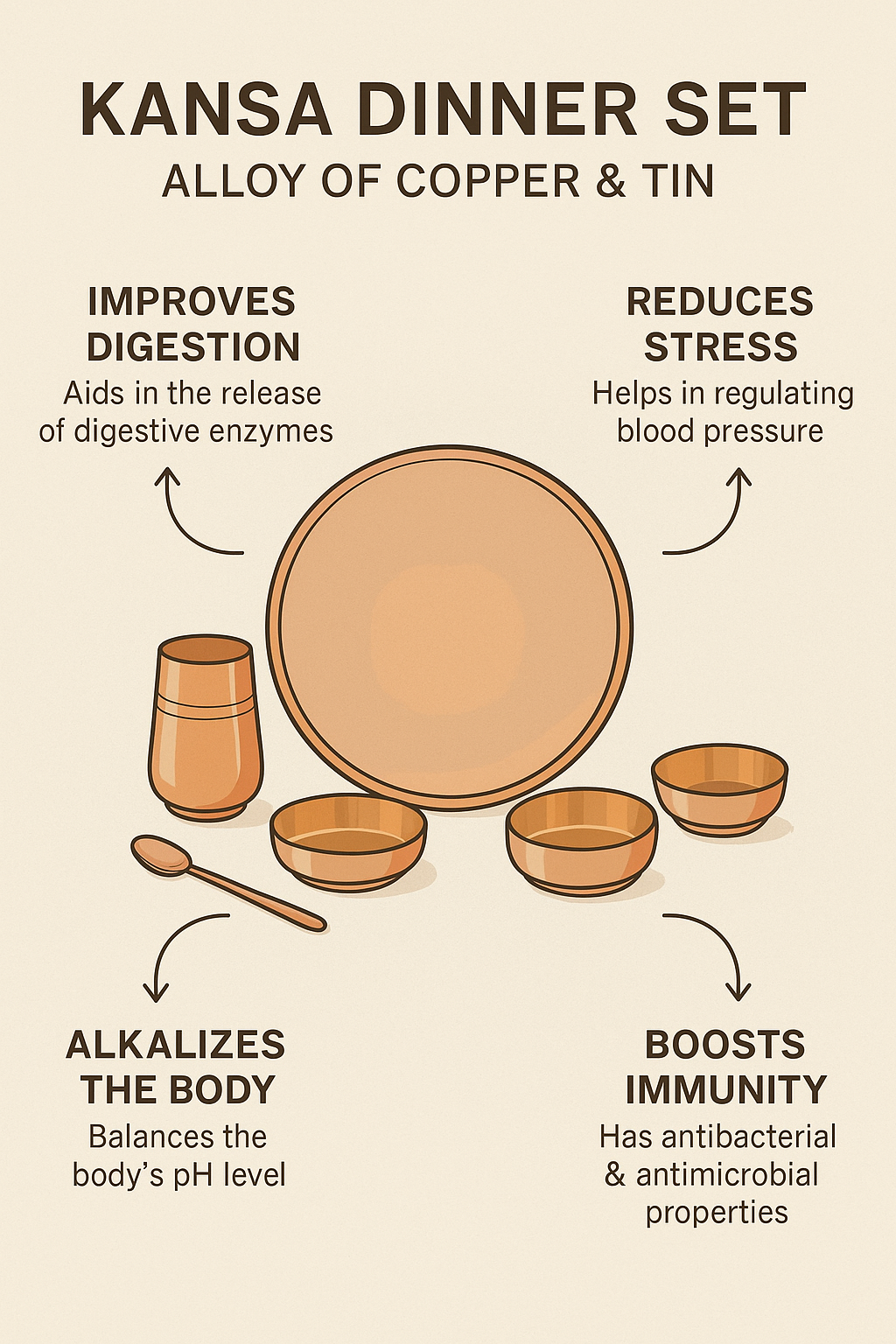 Kansa Handi Dinner Set | 6 Pcs - 1 Platter Dai 12 inch, 2 Bowl (Katori), 1 Sweet Dish, 1 Glass(Tumbler), 1 Spoon