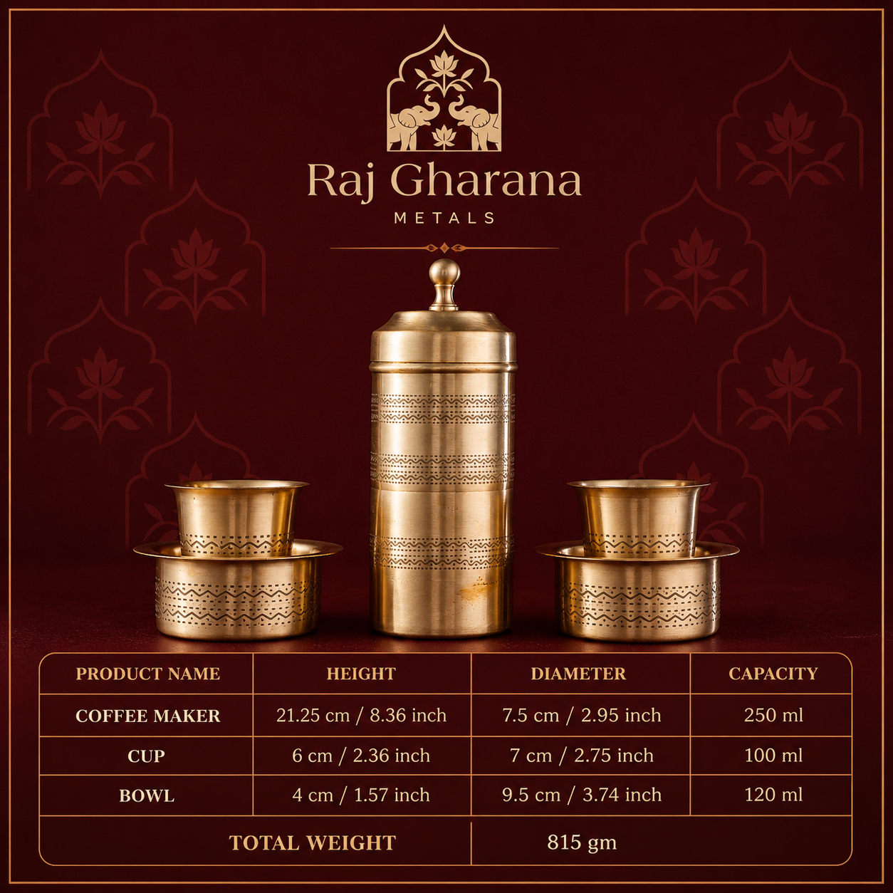 Brass Filter Coffee Maker & Brass Coffee Cup Set