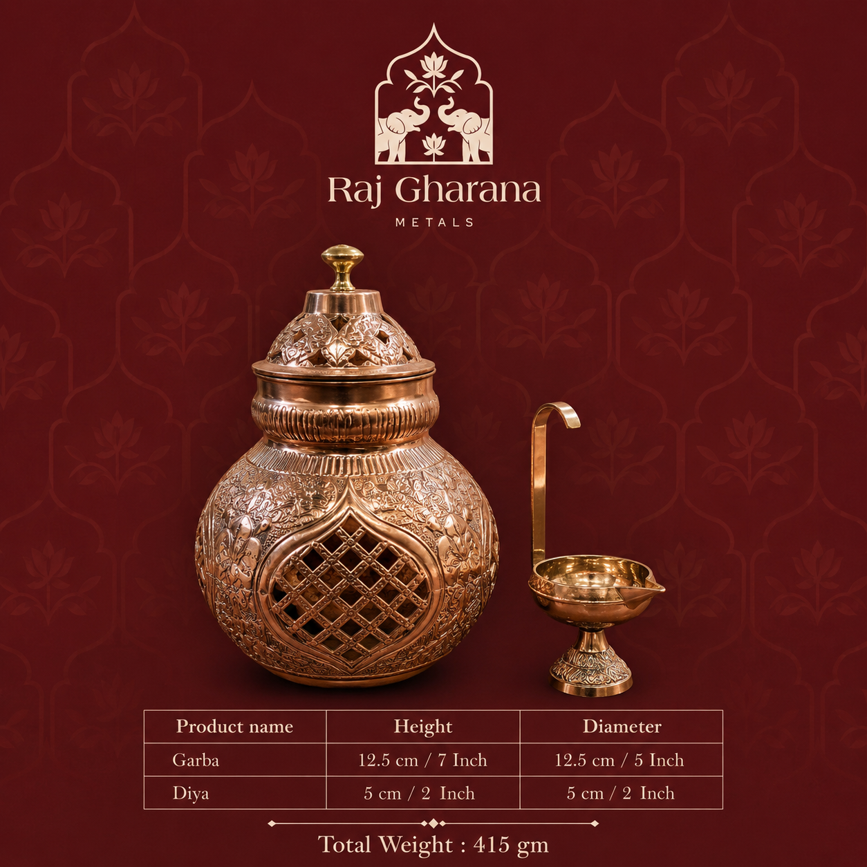 Copper Garaba with Diya Stand - Checkers