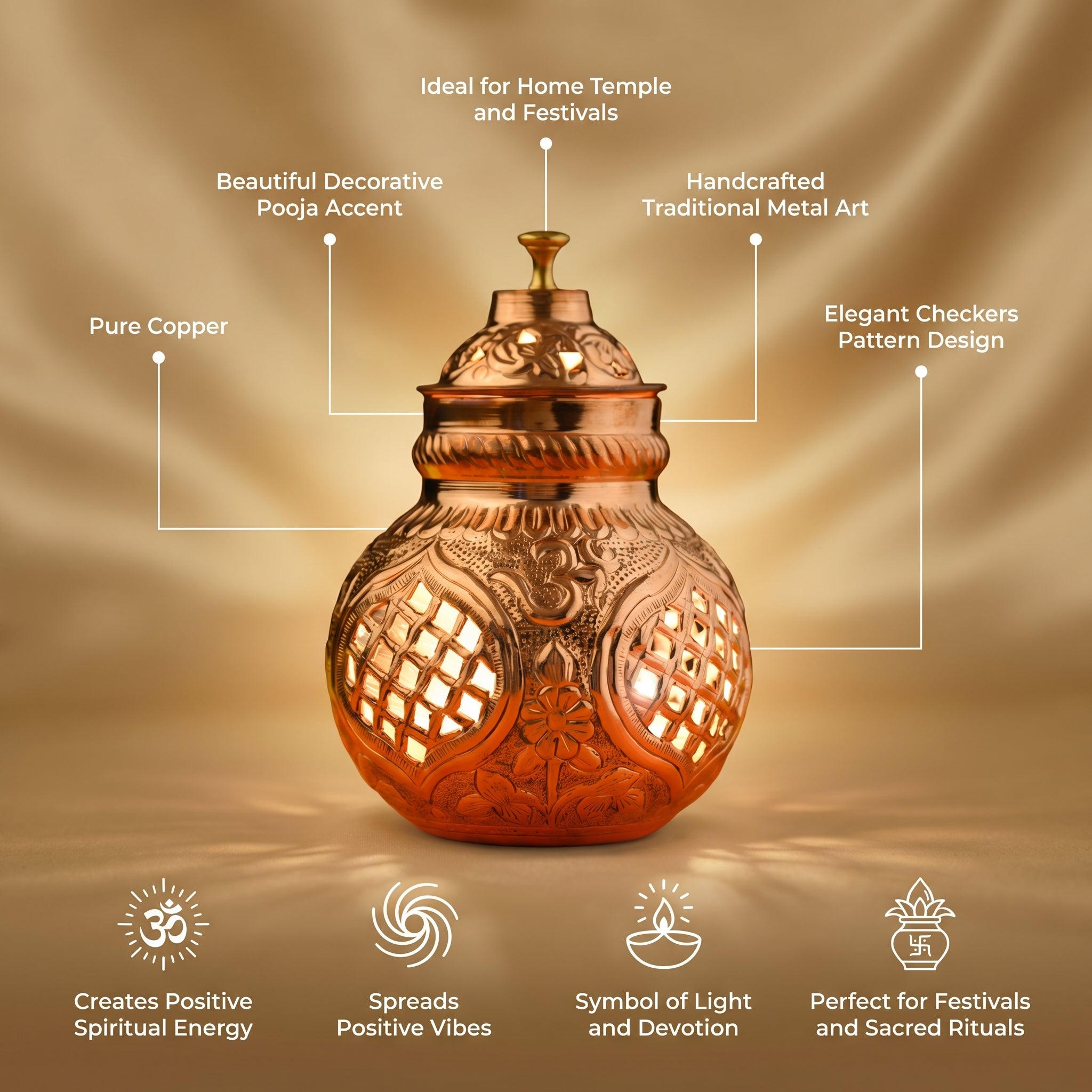 Copper Garaba with Diya Stand - Checkers