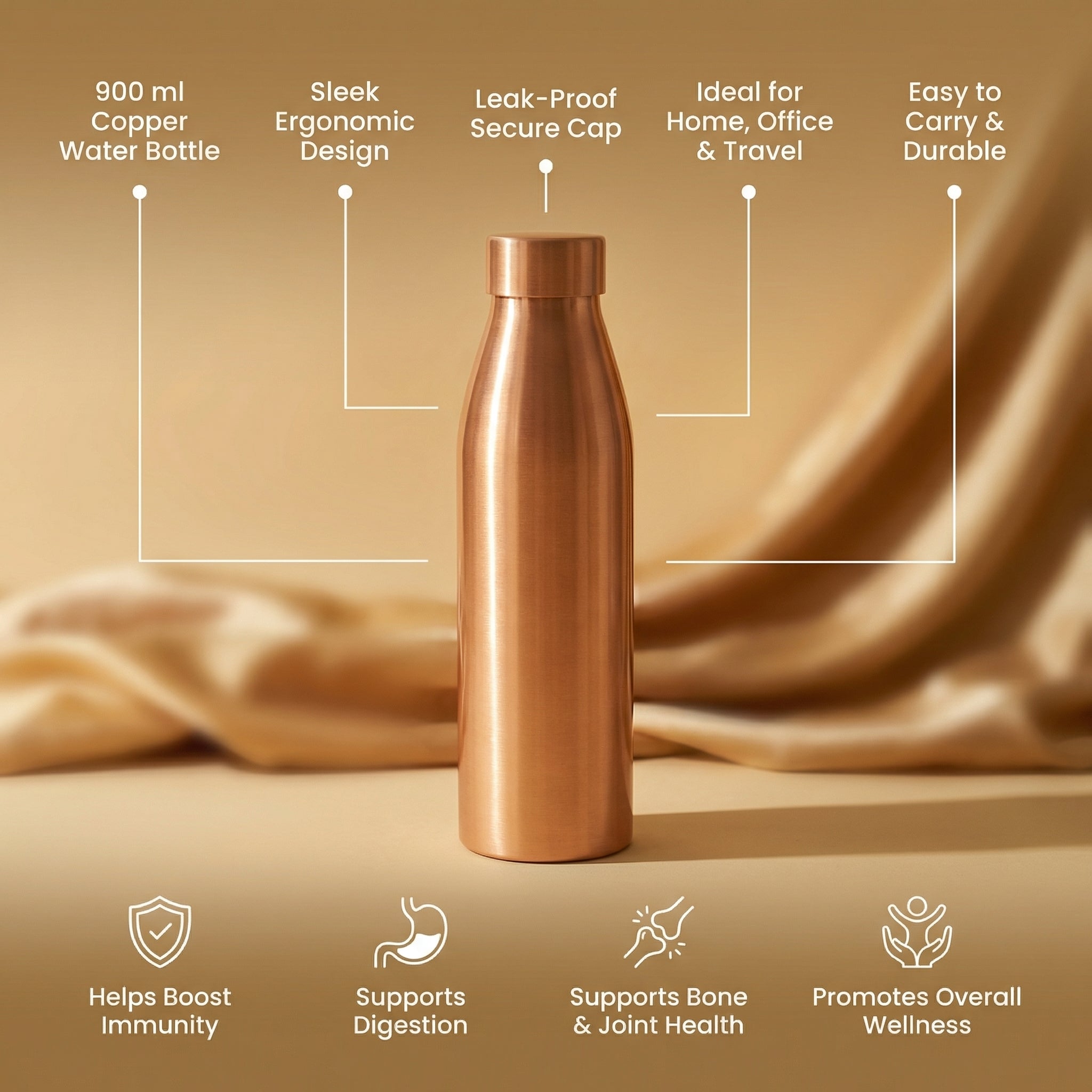 Premium Copper Water Bottle (1L) – Plain