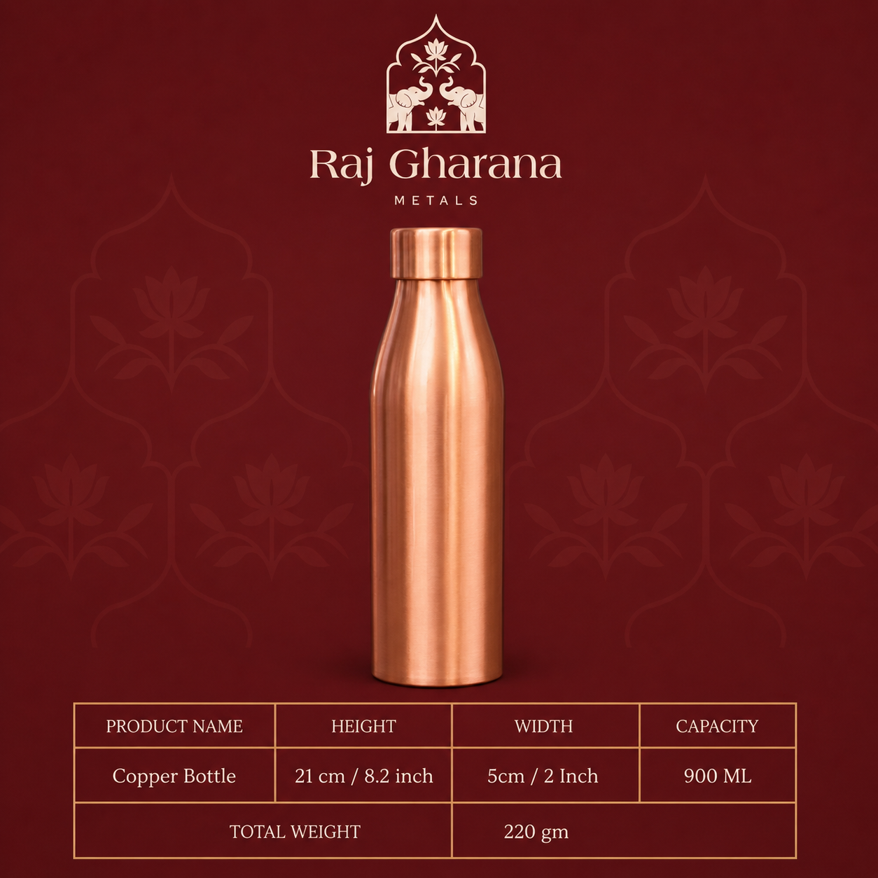 Premium Copper Water Bottle (1L) – Plain