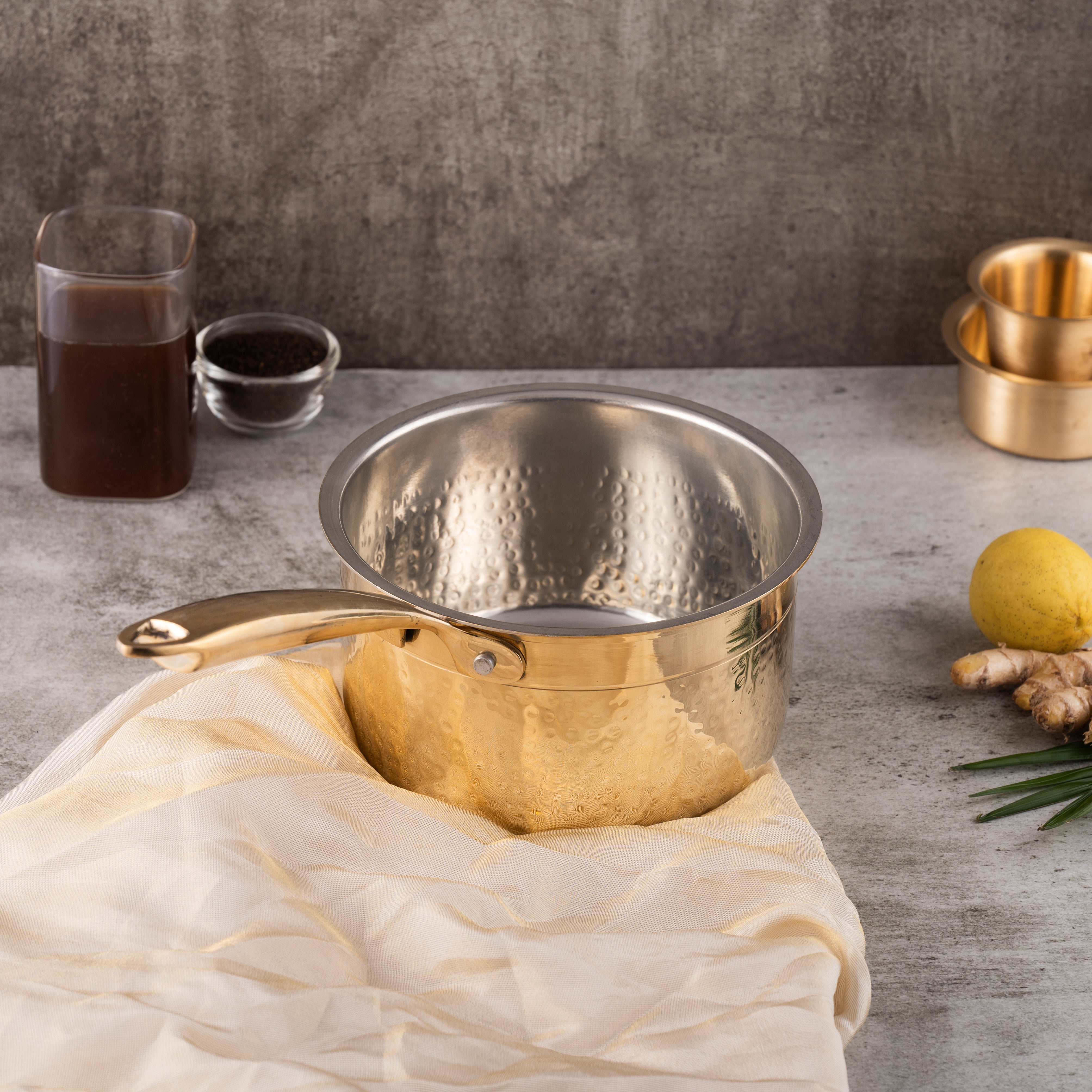Brass Souce Pan with Sturdy Handle - Hammered