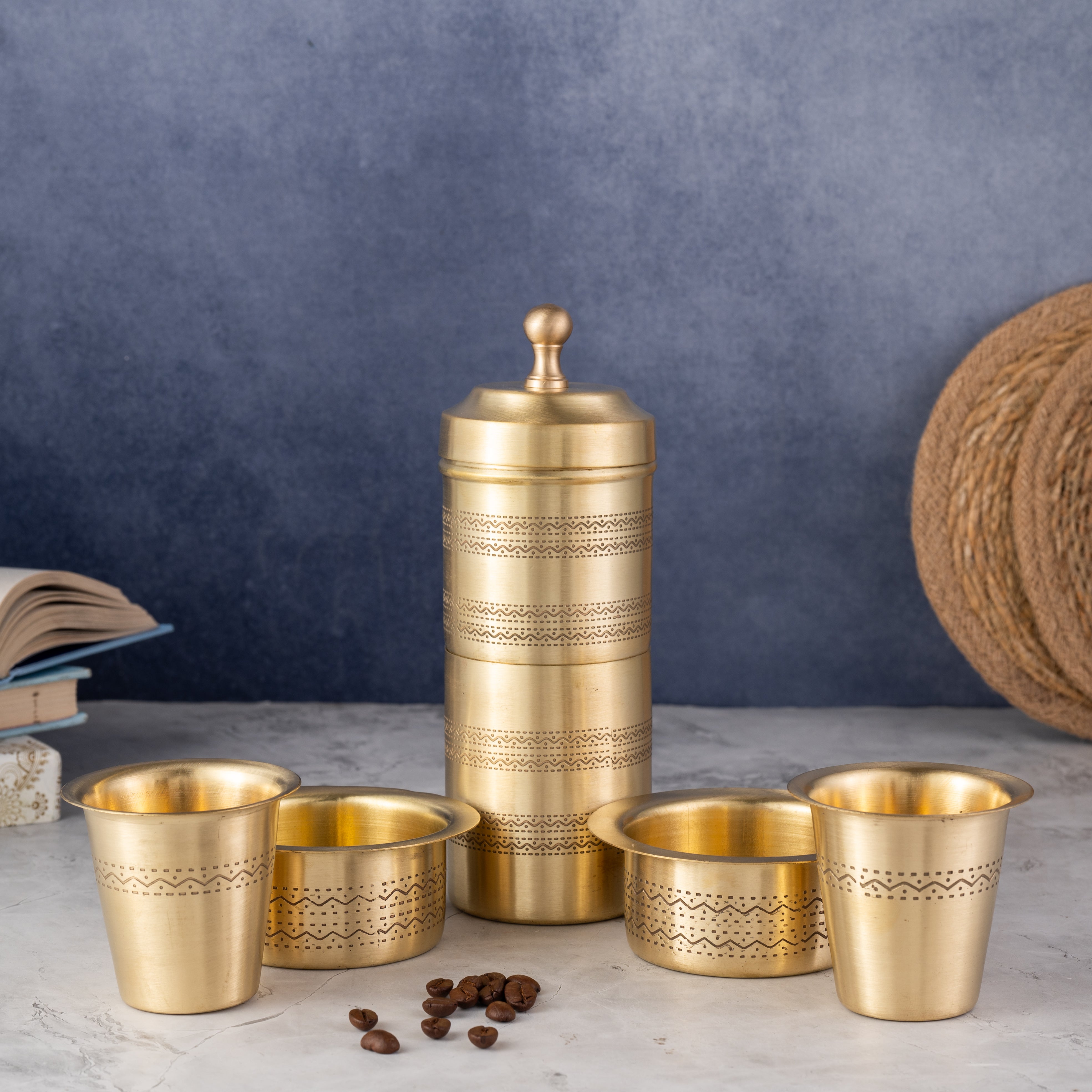 Brass Filter Coffee Maker & Brass Coffee Cup Set