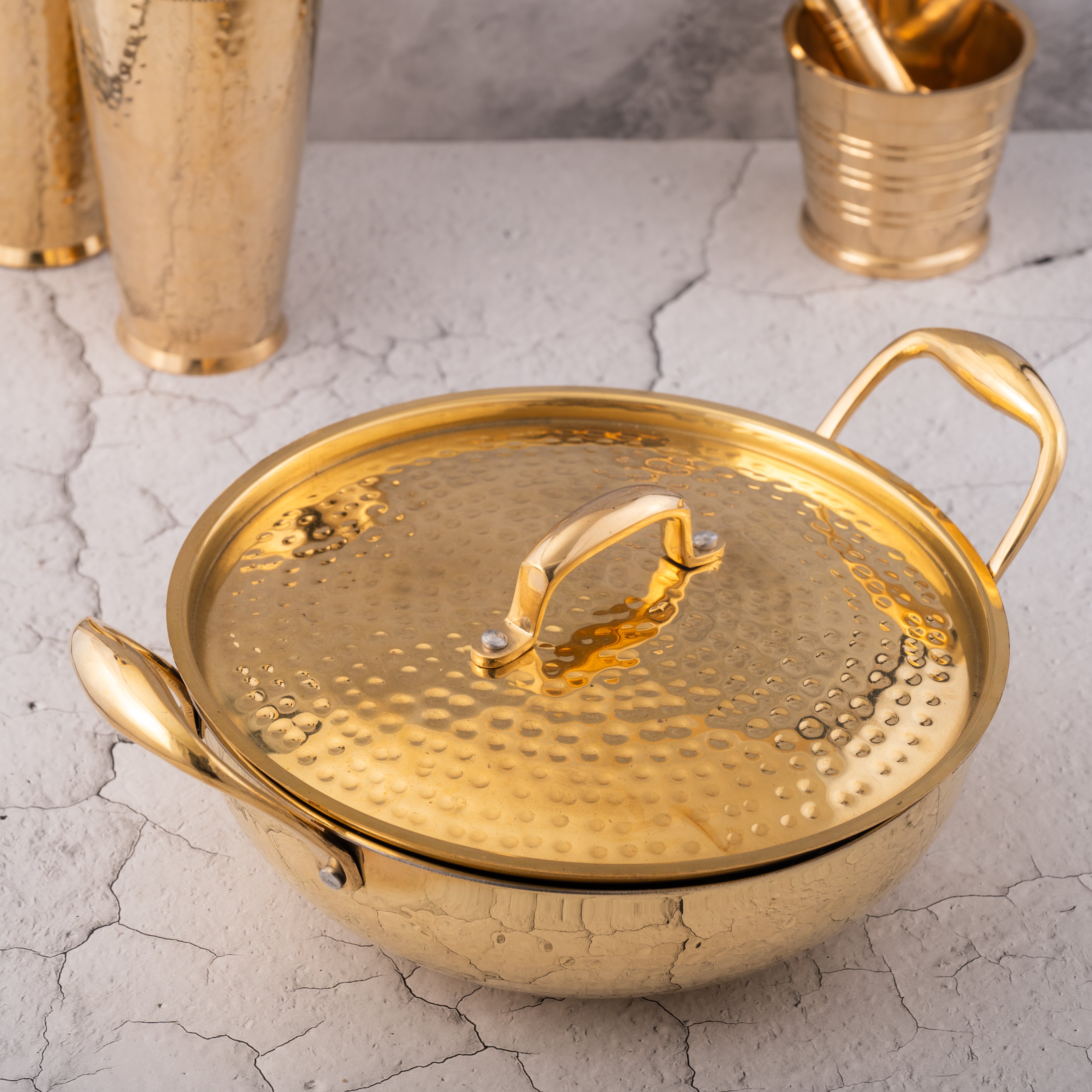 Brass Kadai with Lid - Hammered