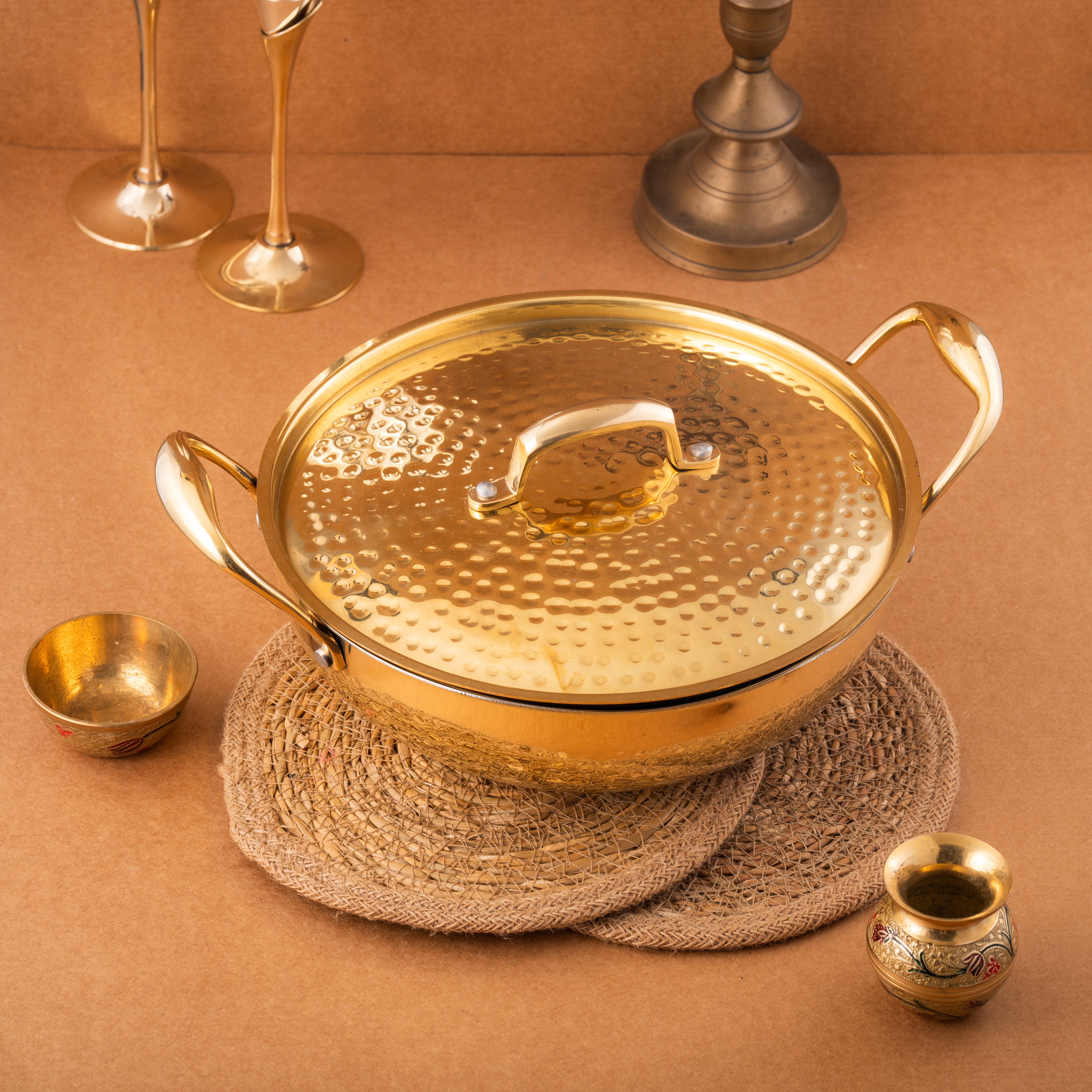 Brass Kadai with Lid - Hammered