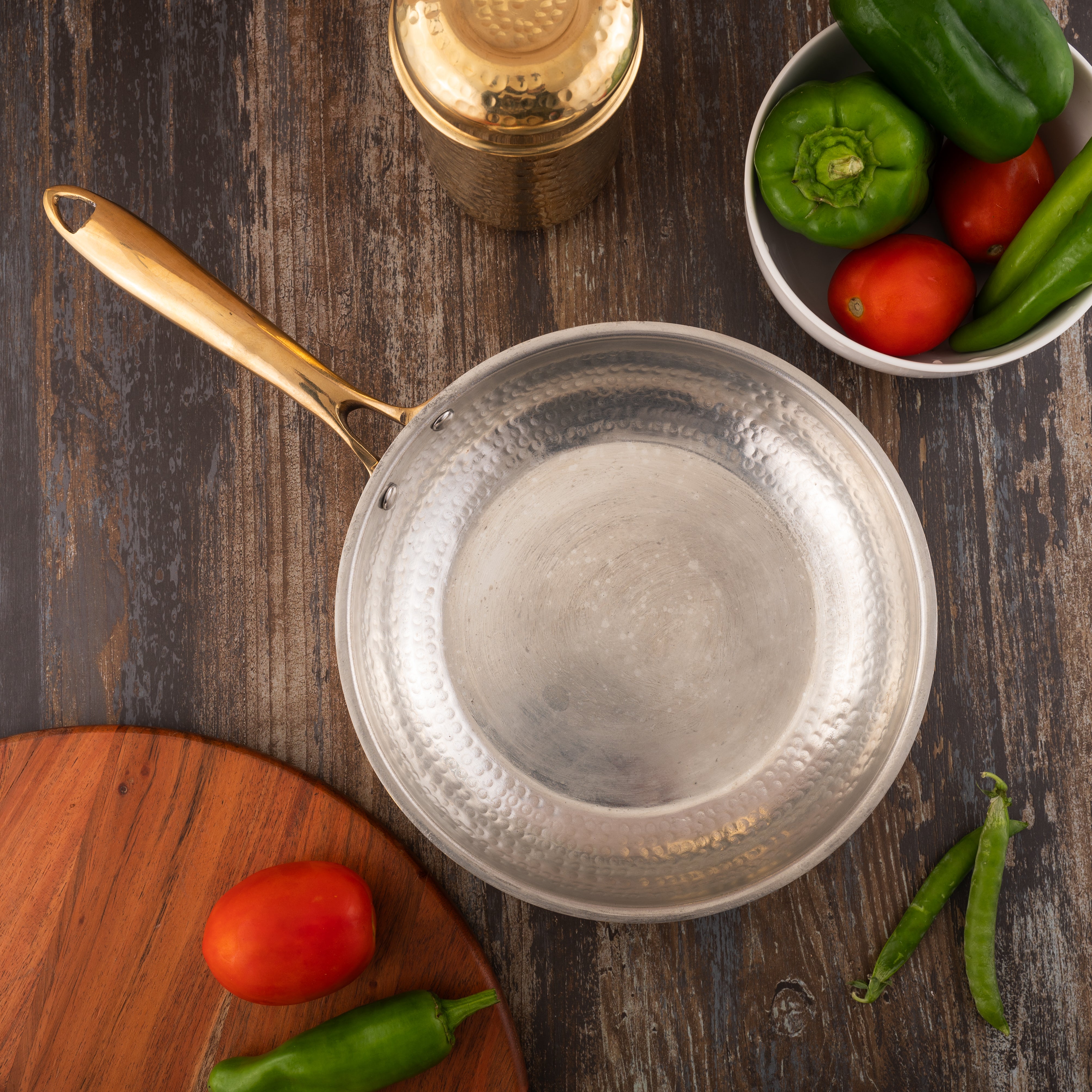 Brass Frying Pan with Ergonomic Handle - Hammered