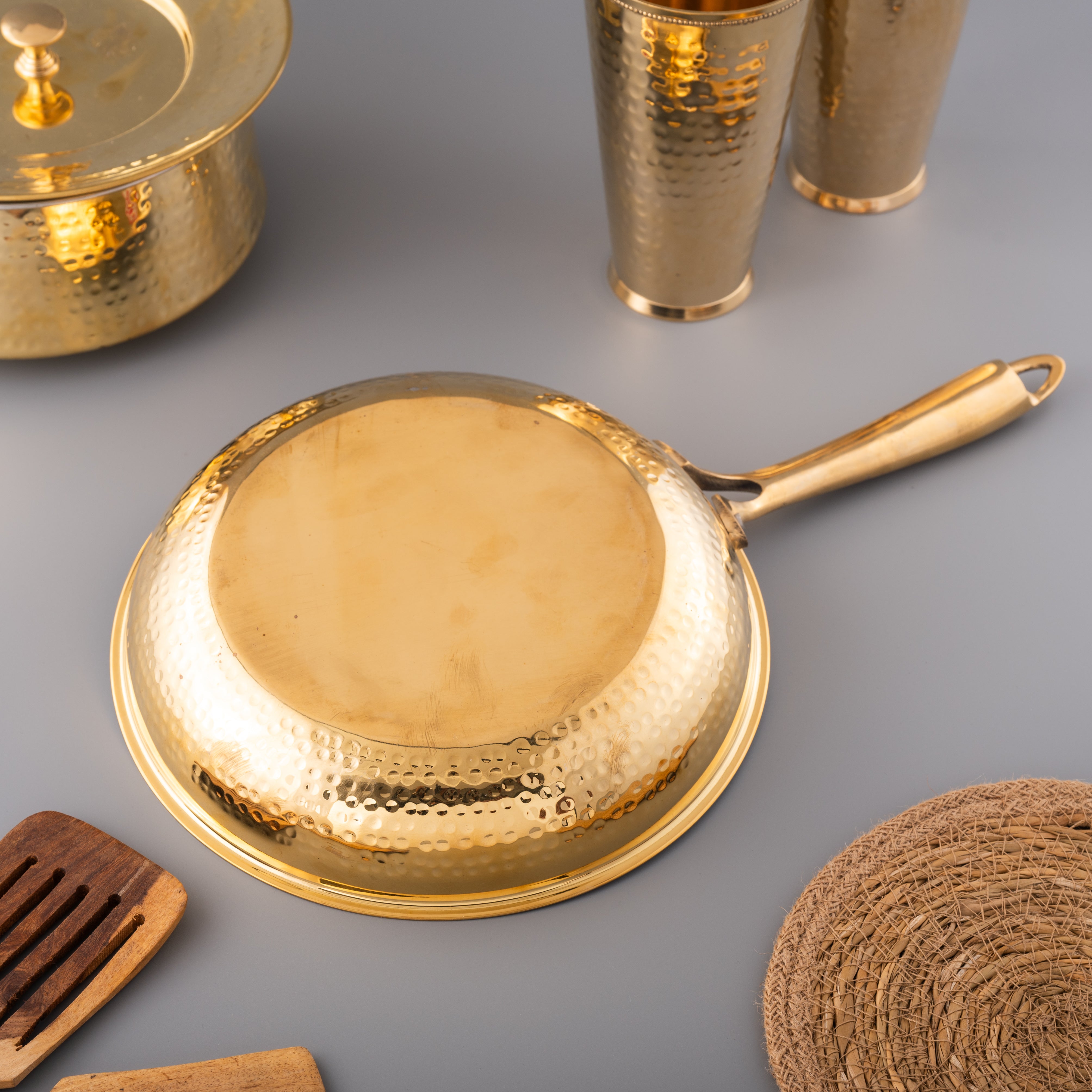 Brass Frying Pan with Ergonomic Handle - Hammered