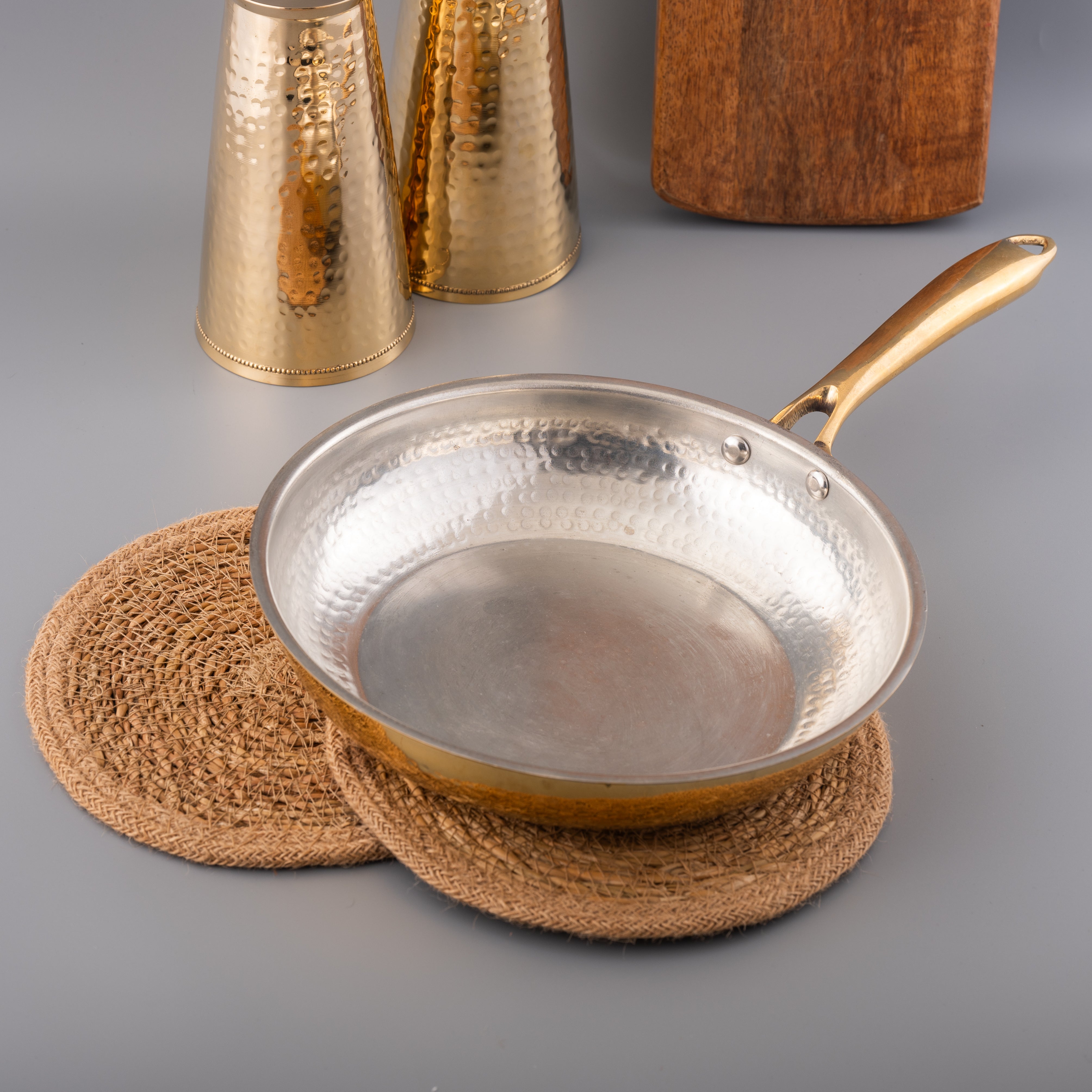 Brass Frying Pan with Ergonomic Handle - Hammered