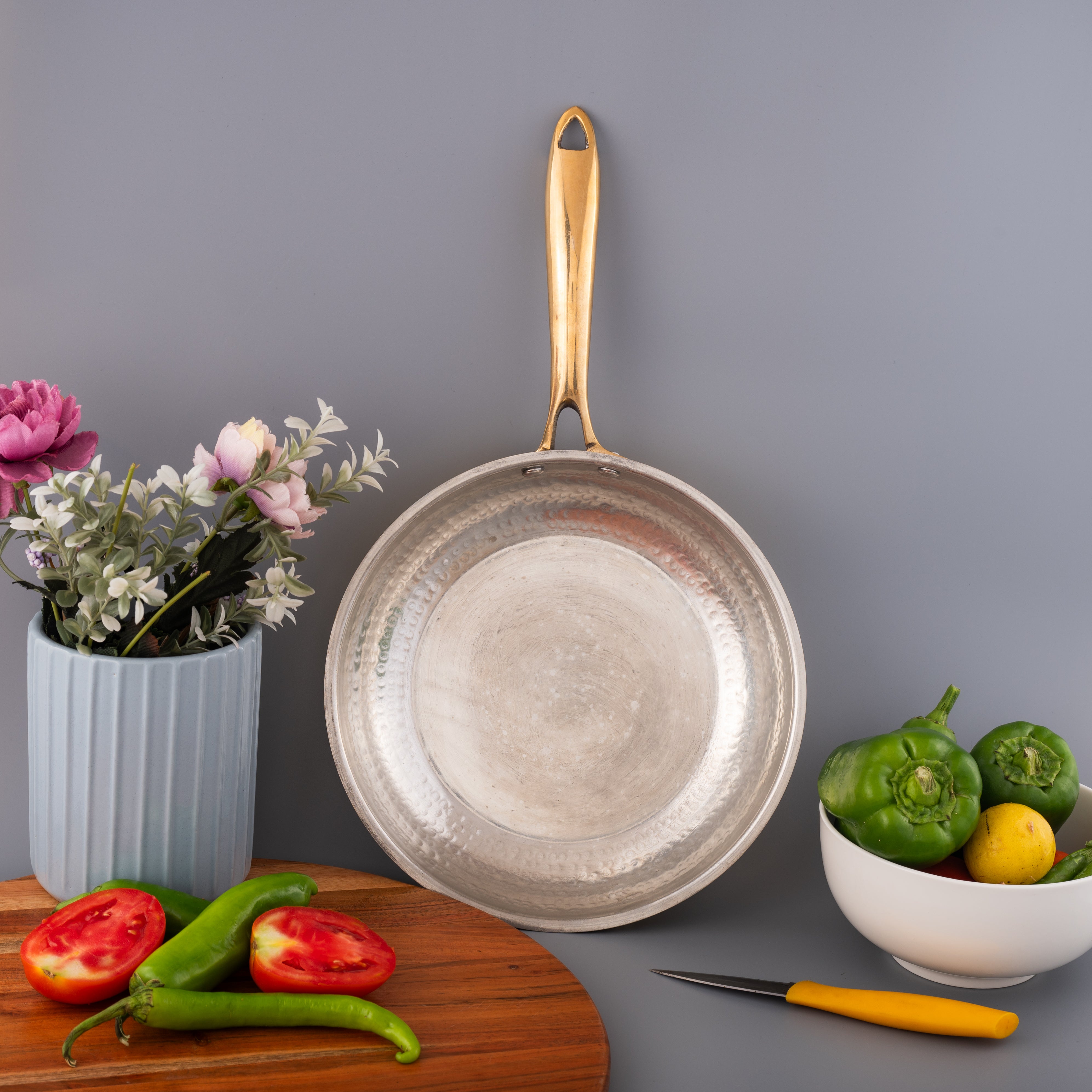 Brass Frying Pan with Ergonomic Handle - Hammered