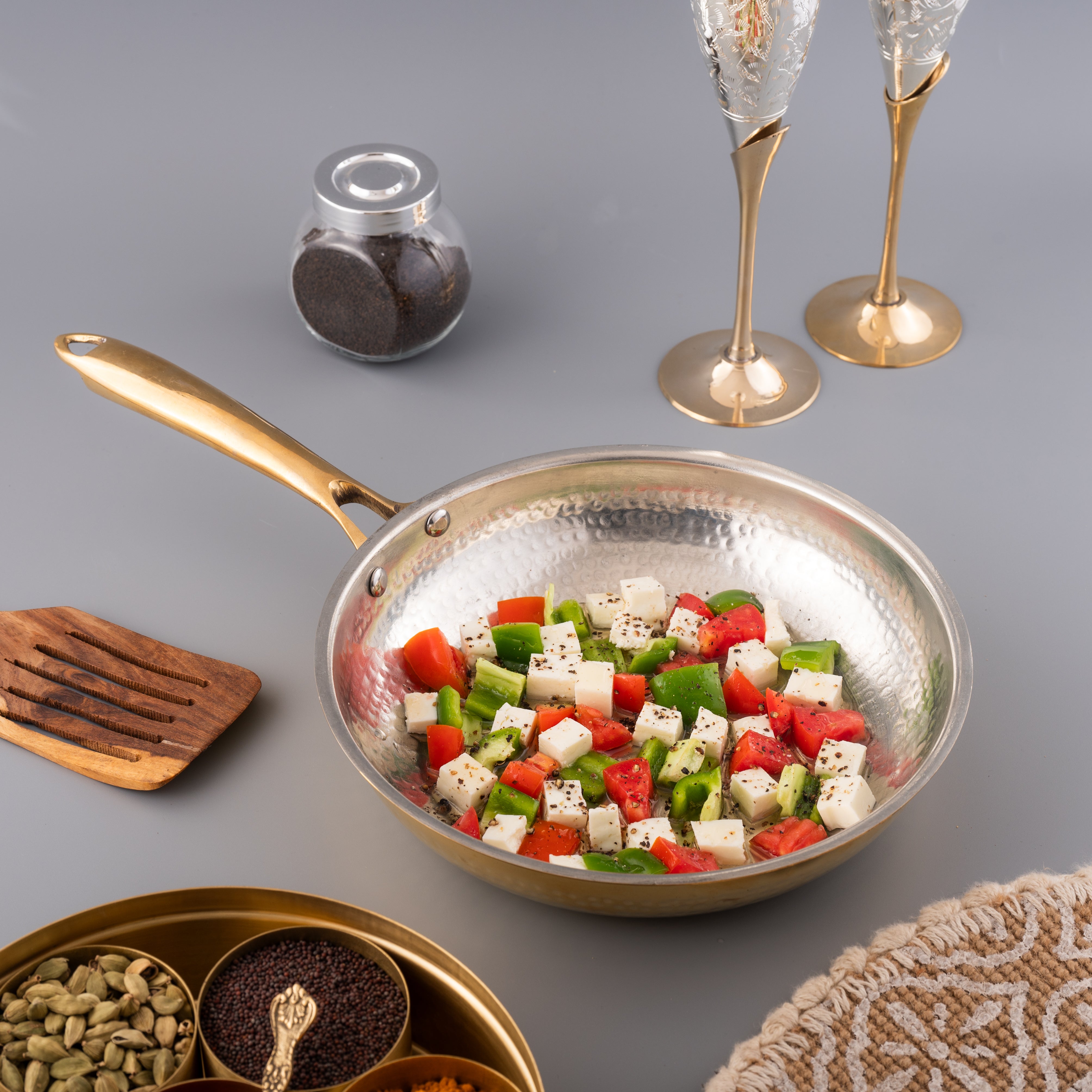 Brass Frying Pan with Ergonomic Handle - Hammered