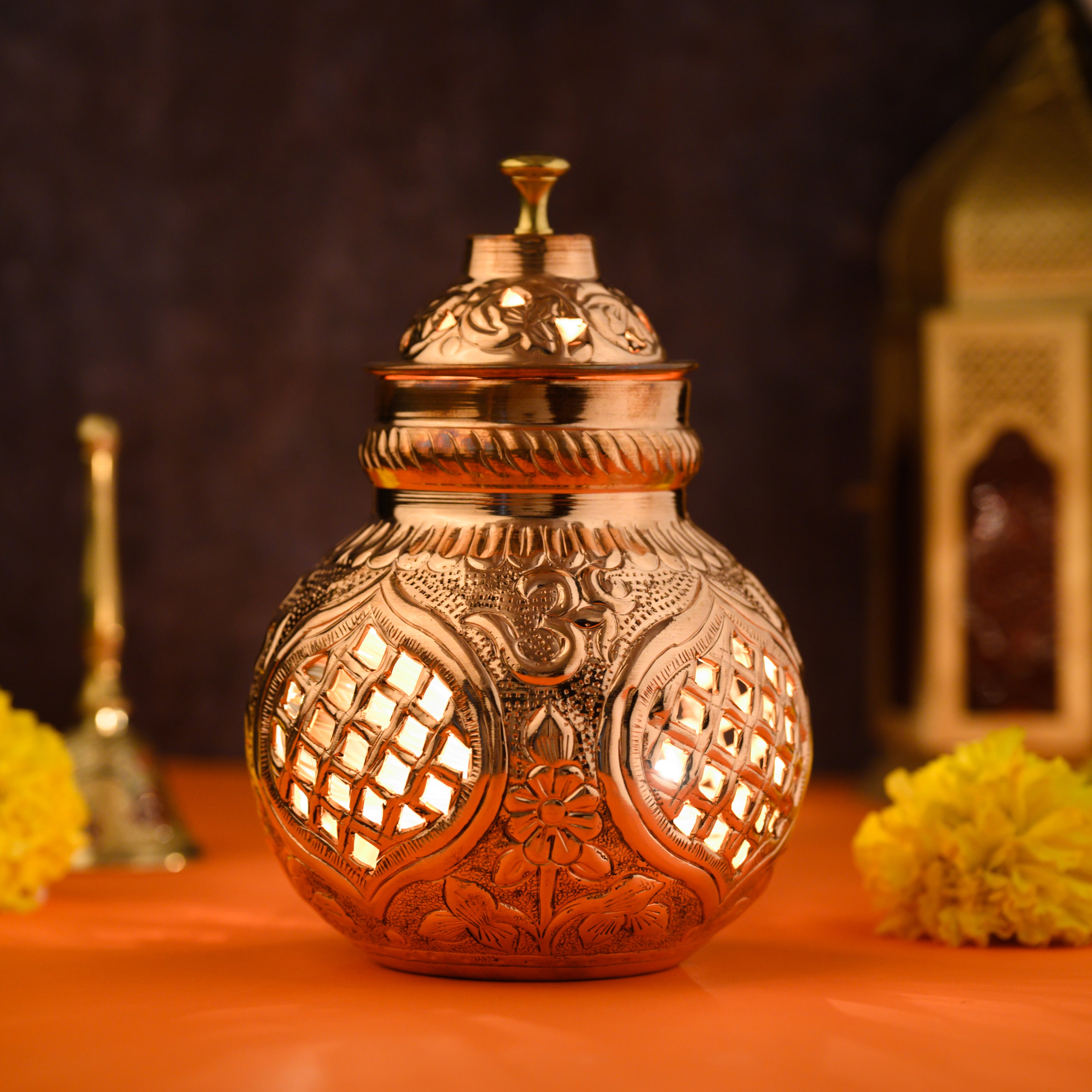 Copper Garaba with Diya Stand - Checkers