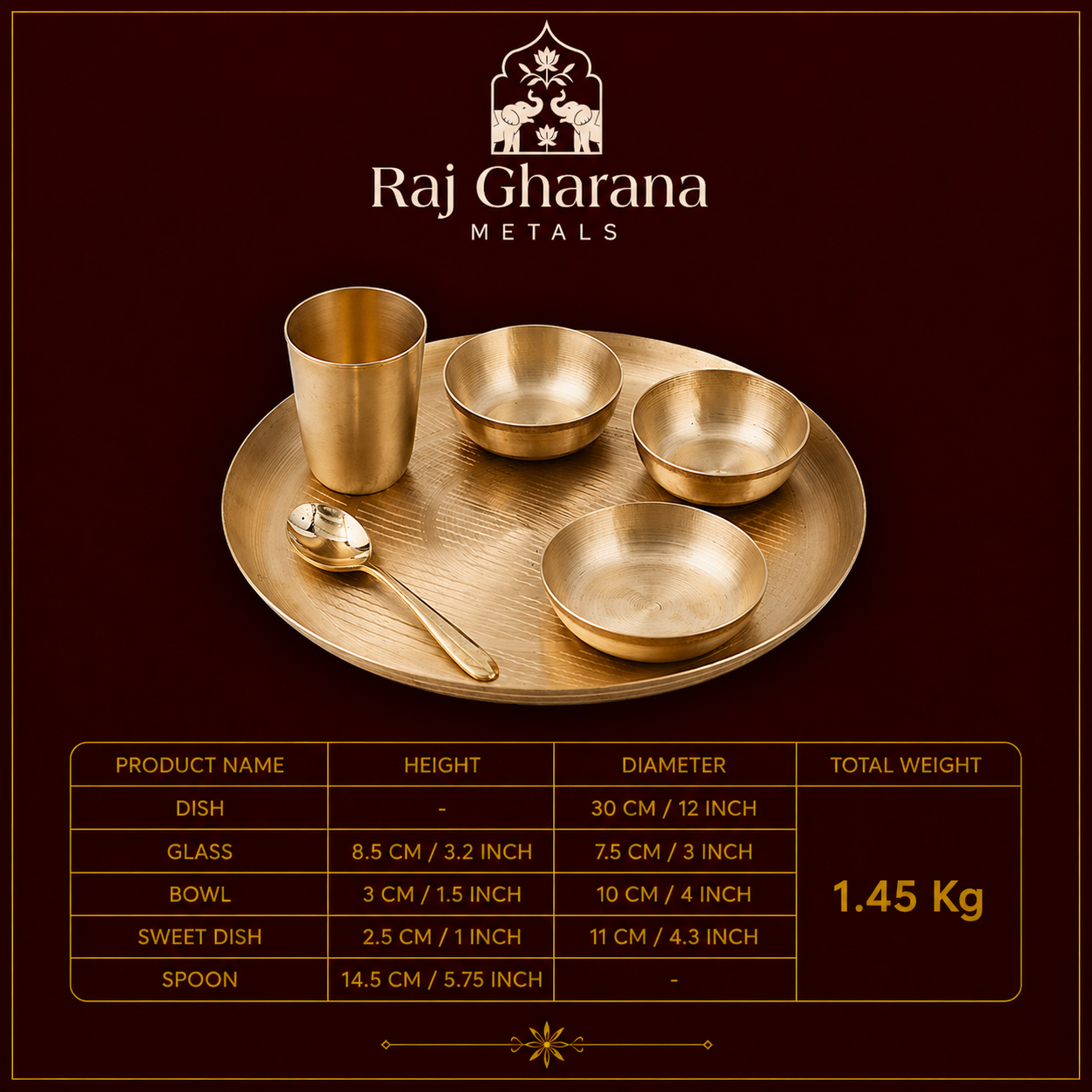 Kansa Dish Dinner Set | 6 Pcs - 1 Platter 2 Bowl 1 Sweet Dish 1 Tumbler 1 Spoon