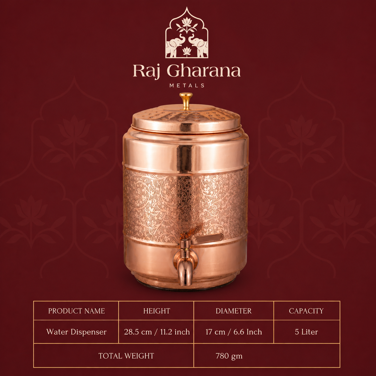 Copper Water Dispenser 5L - Etching