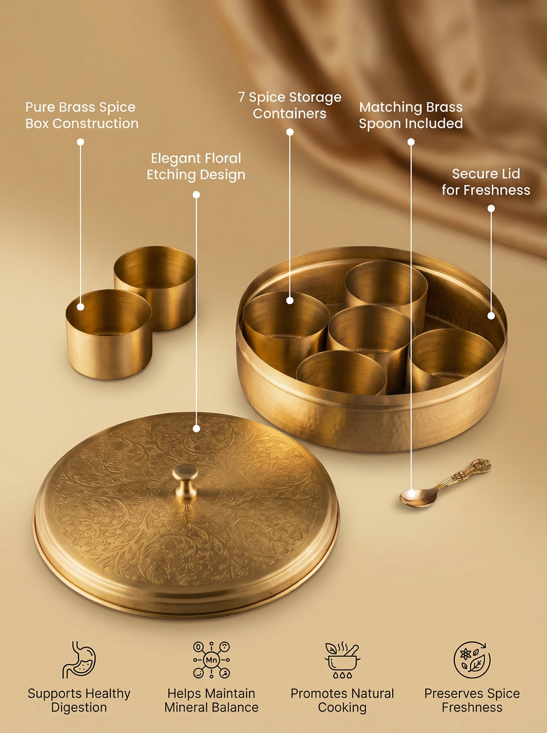 Brass Spice Box Set - Floral Etching